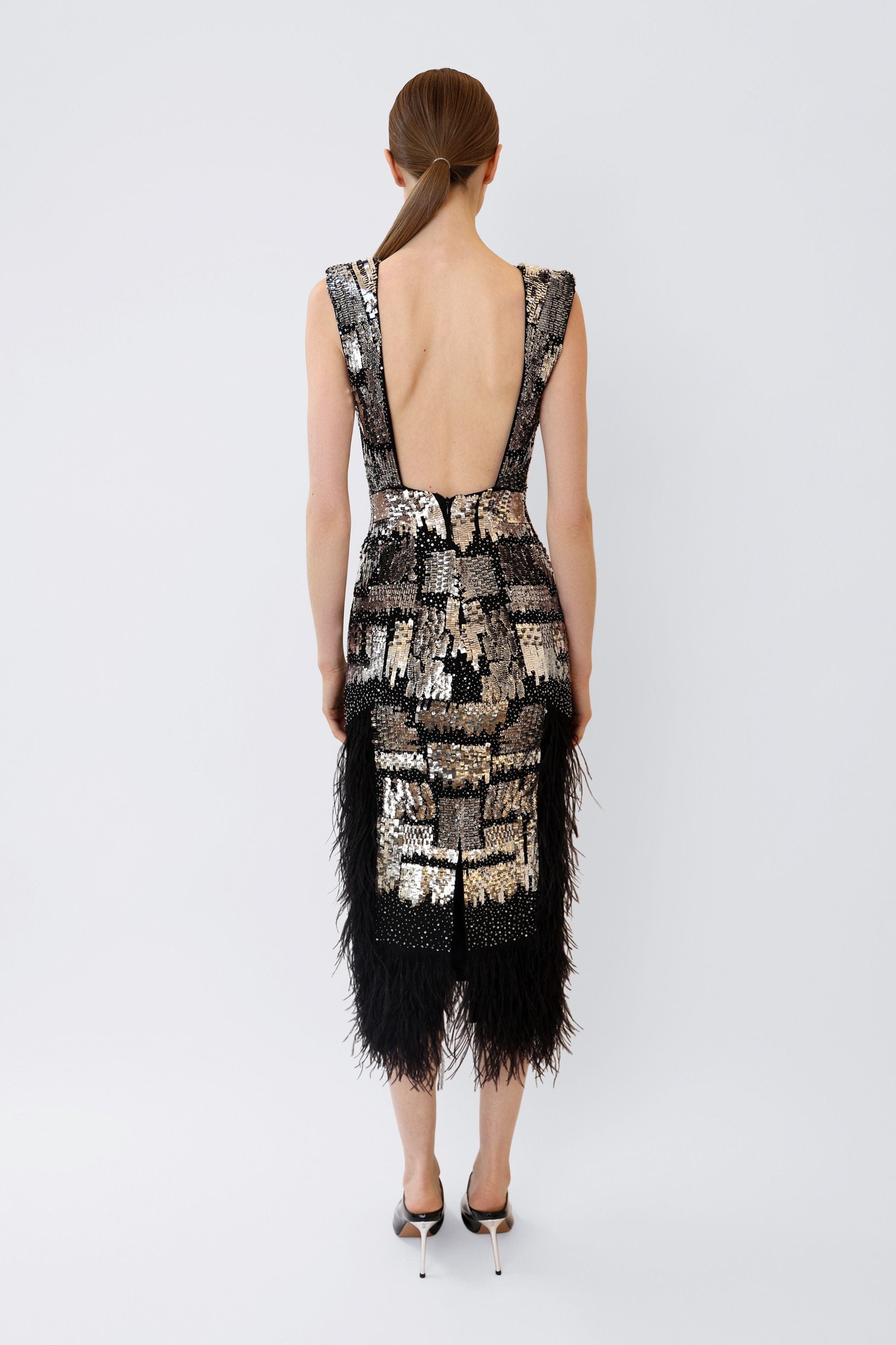 V Neck Dress With Feathers - LAPOINTE