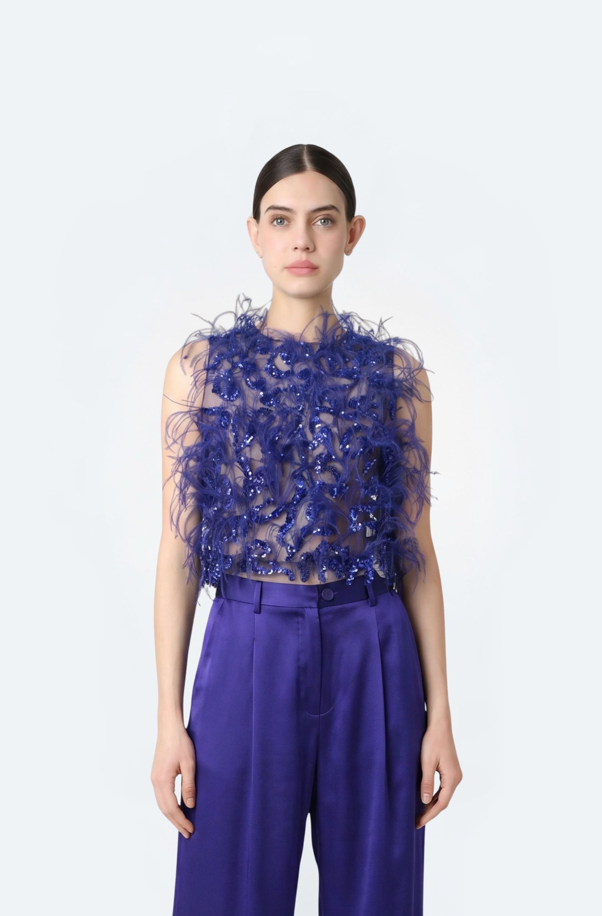 Sequin & Feather Embroidery Cropped Tank
