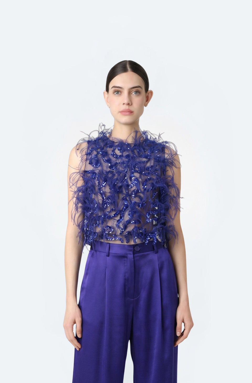 Sequin & Feather Embroidery Cropped Tank