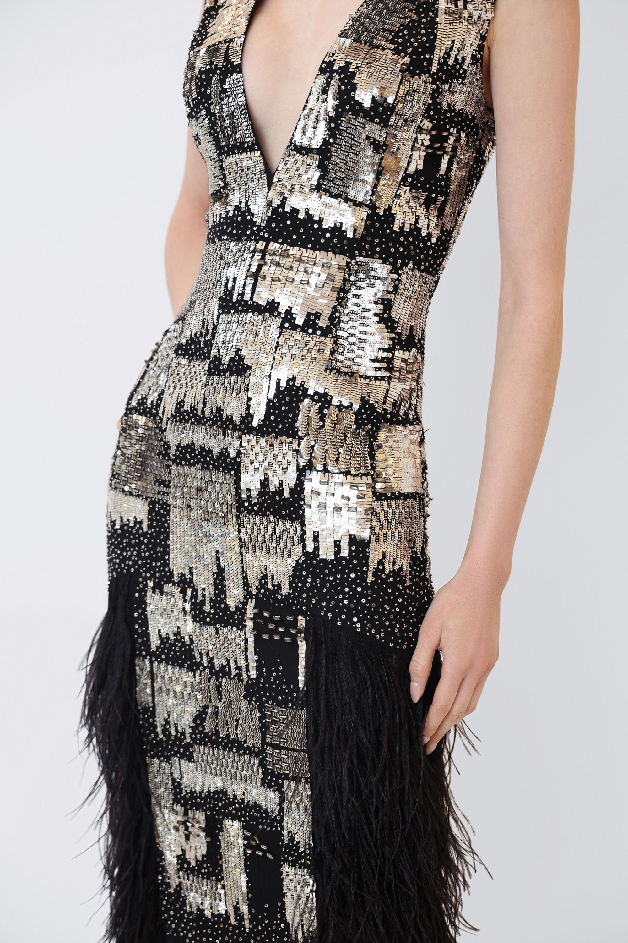 V Neck Dress With Feathers - LAPOINTE