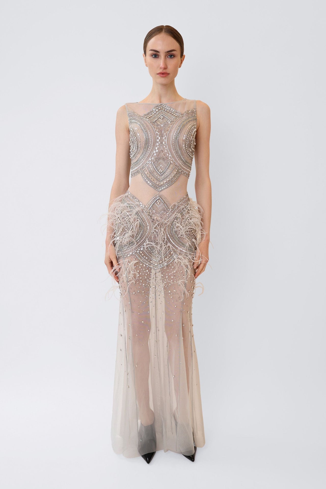 Mosaic Crystal Embroidery Sleeveless Boatneck Gown