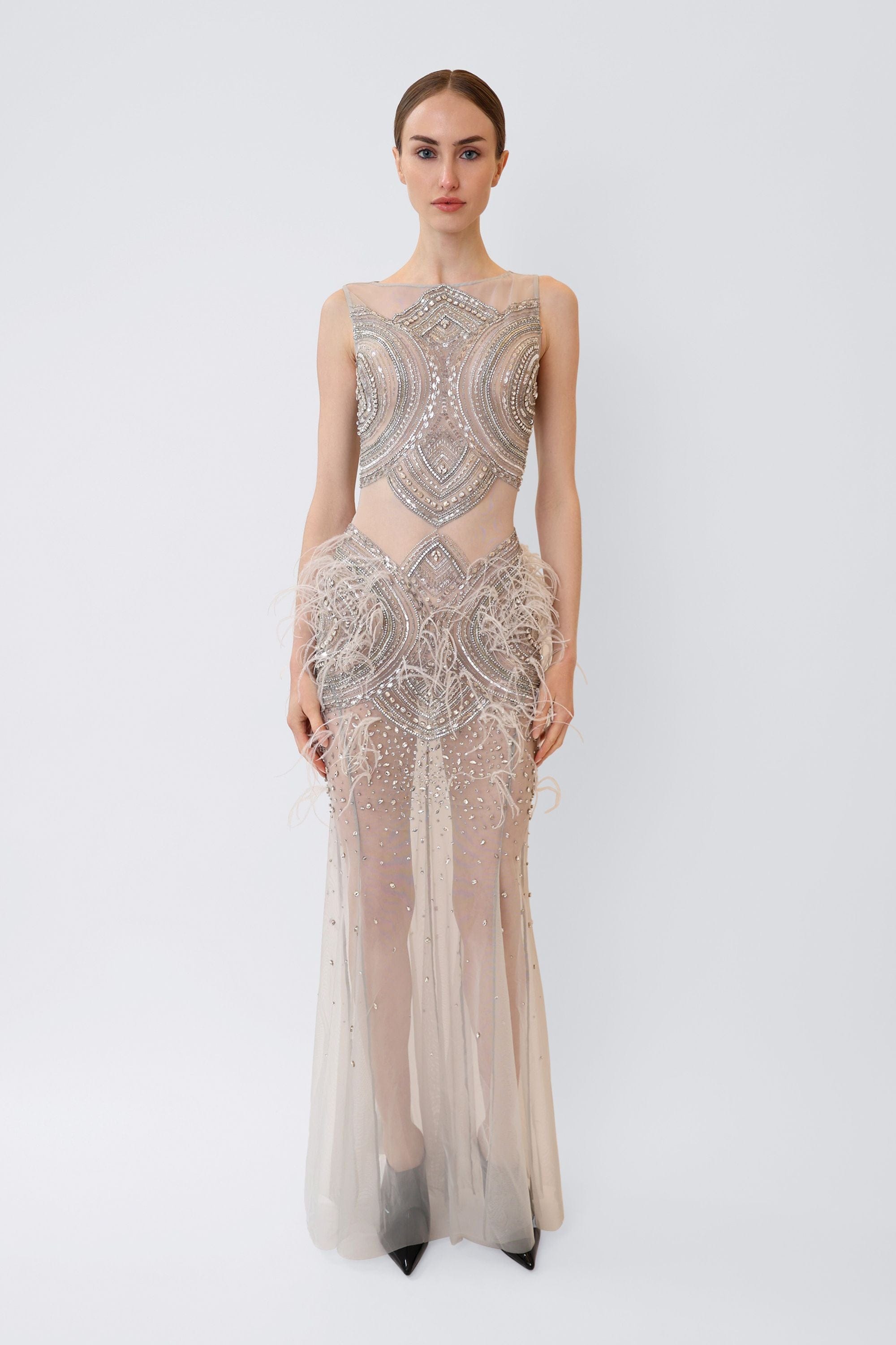 Mosaic Crystal Embroidery Sleeveless Boatneck Gown