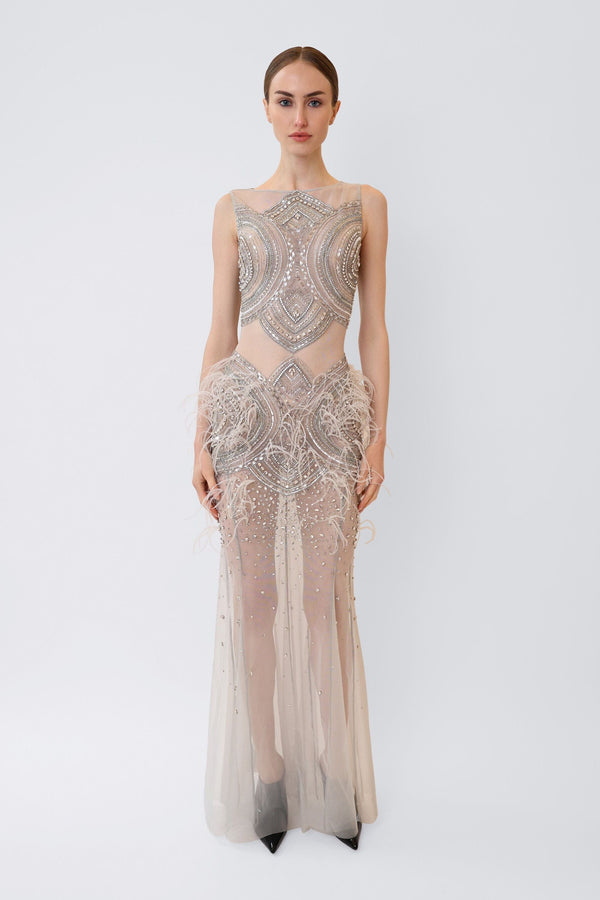 Mosaic Crystal Embroidery Sleeveless Boatneck Gown - LAPOINTE