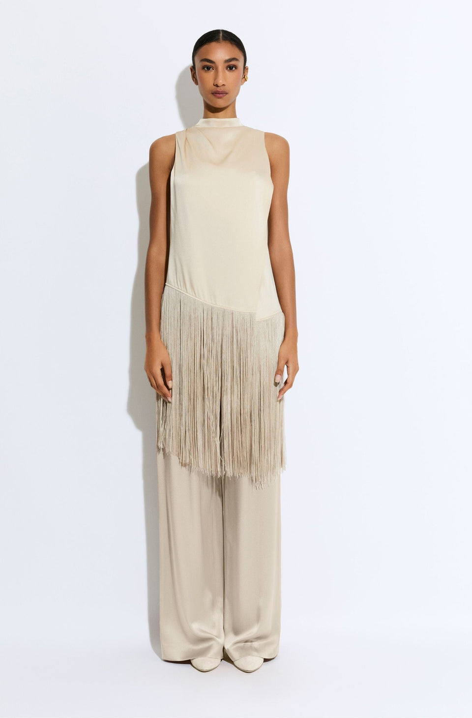 Satin Cowl Neck Fringe Top - LAPOINTE
