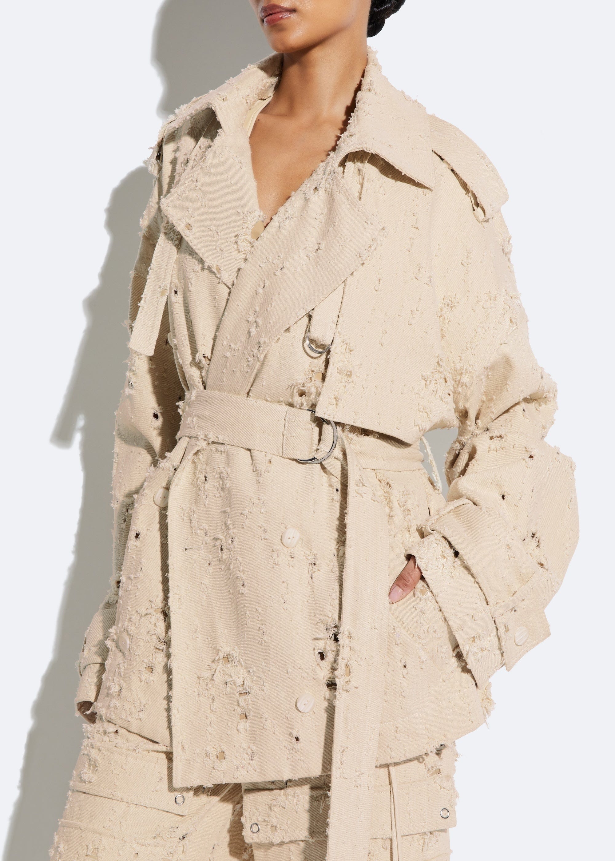 Distressed Denim Short Trench in Ecru Tan Neutral and Cream LAPOINTE