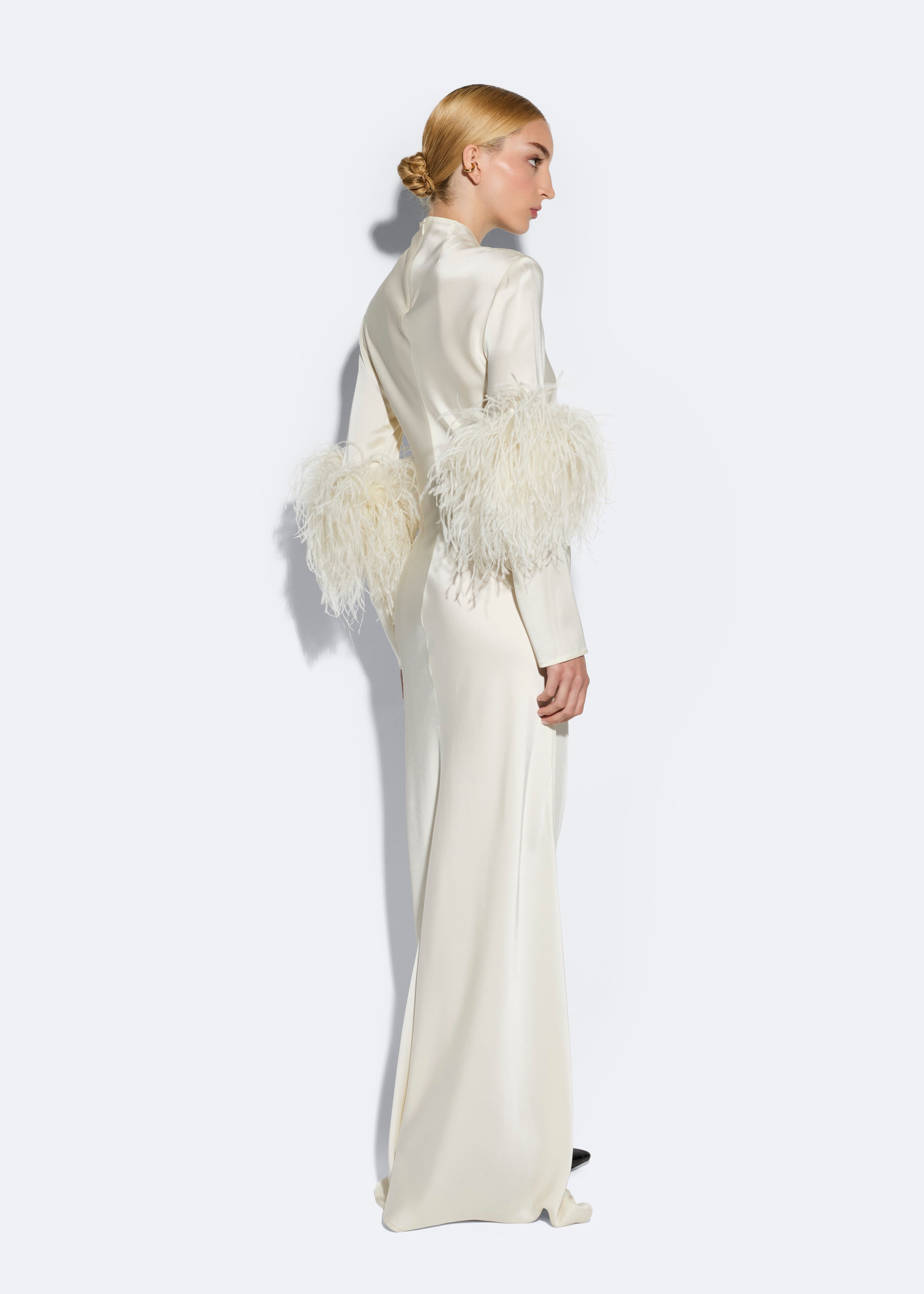 Satin Tab Gown With Feathers in Cream Cream and Neutral | LAPOINTE Satin Tab Gown With Feathers in Cream Cream and Neutral | LAPOINTE