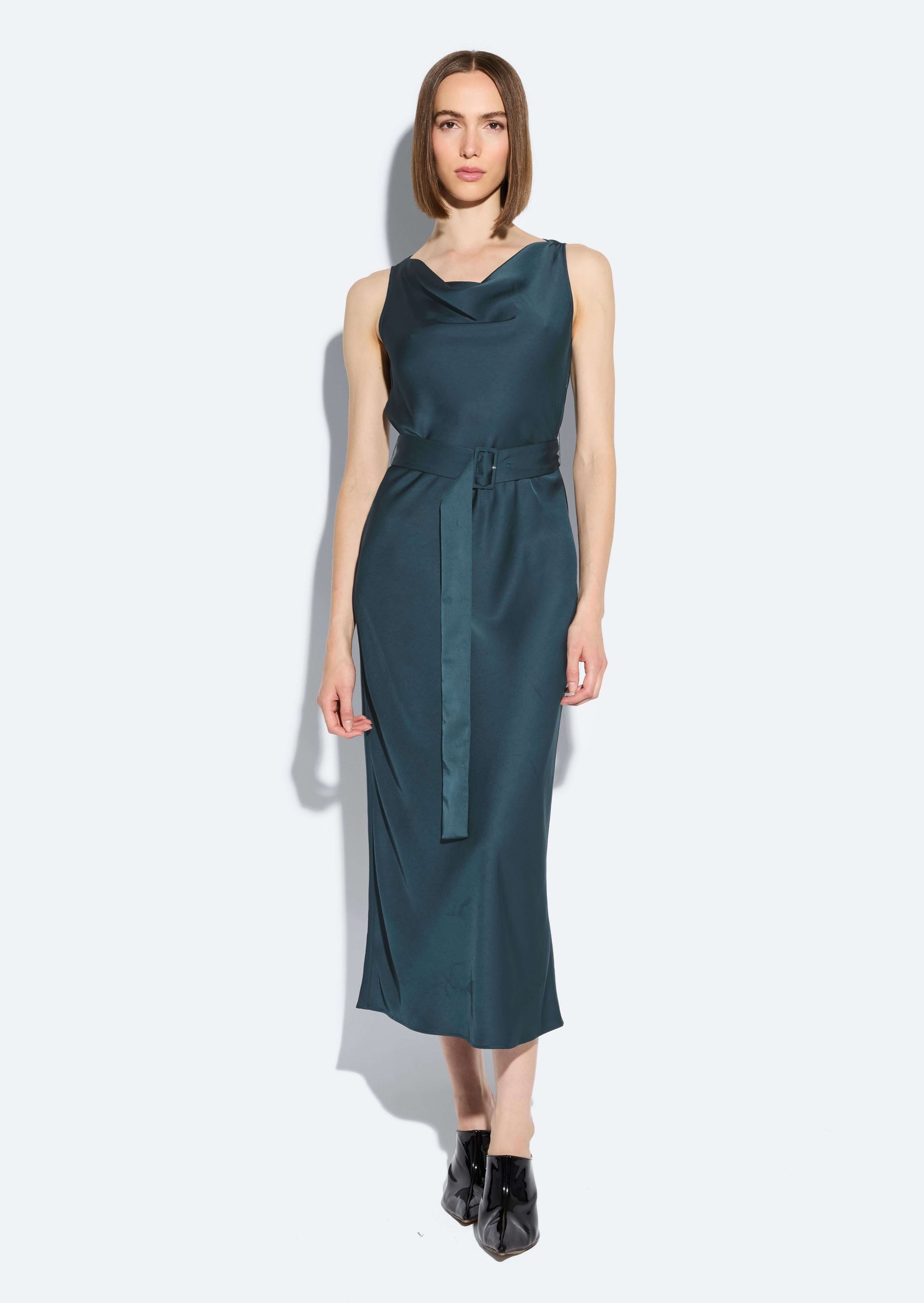 Satin Bias Belted Dress in Marine Blue | LAPOINTE Satin Bias Belted Dress in Marine Blue | LAPOINTE