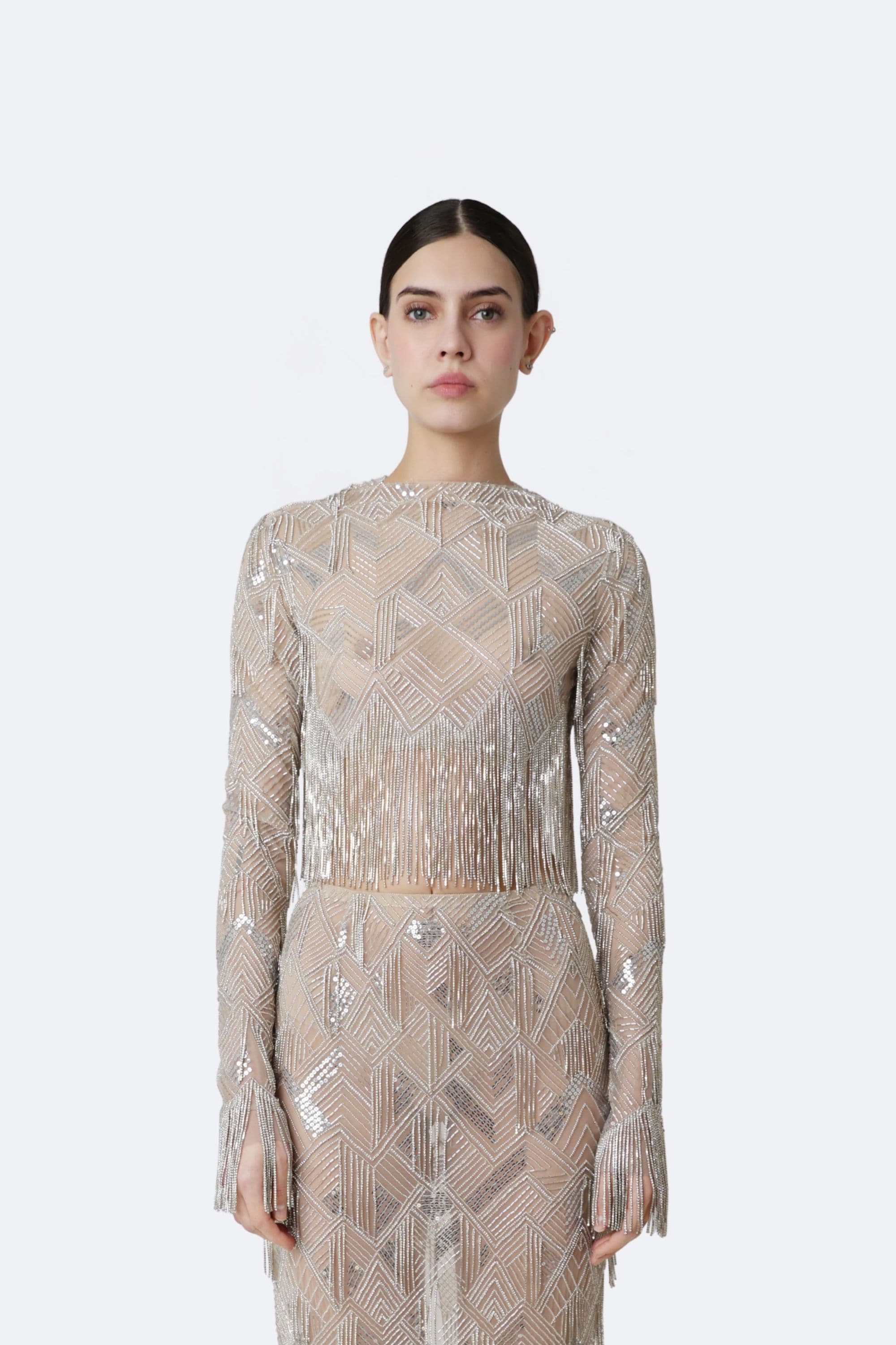 Geometric Crystal Fringe Cropped Top