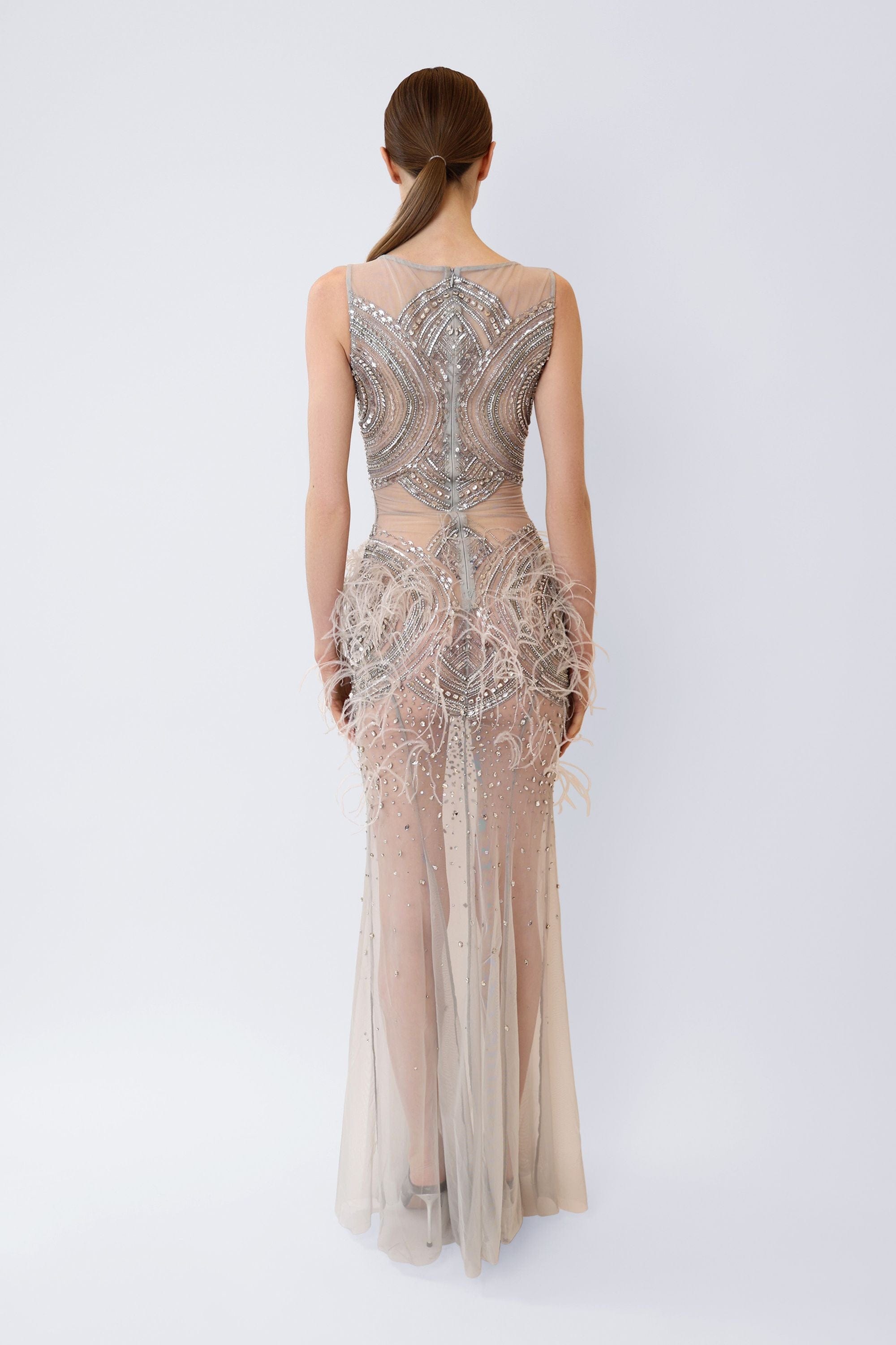 Mosaic Crystal Embroidery Sleeveless Boatneck Gown