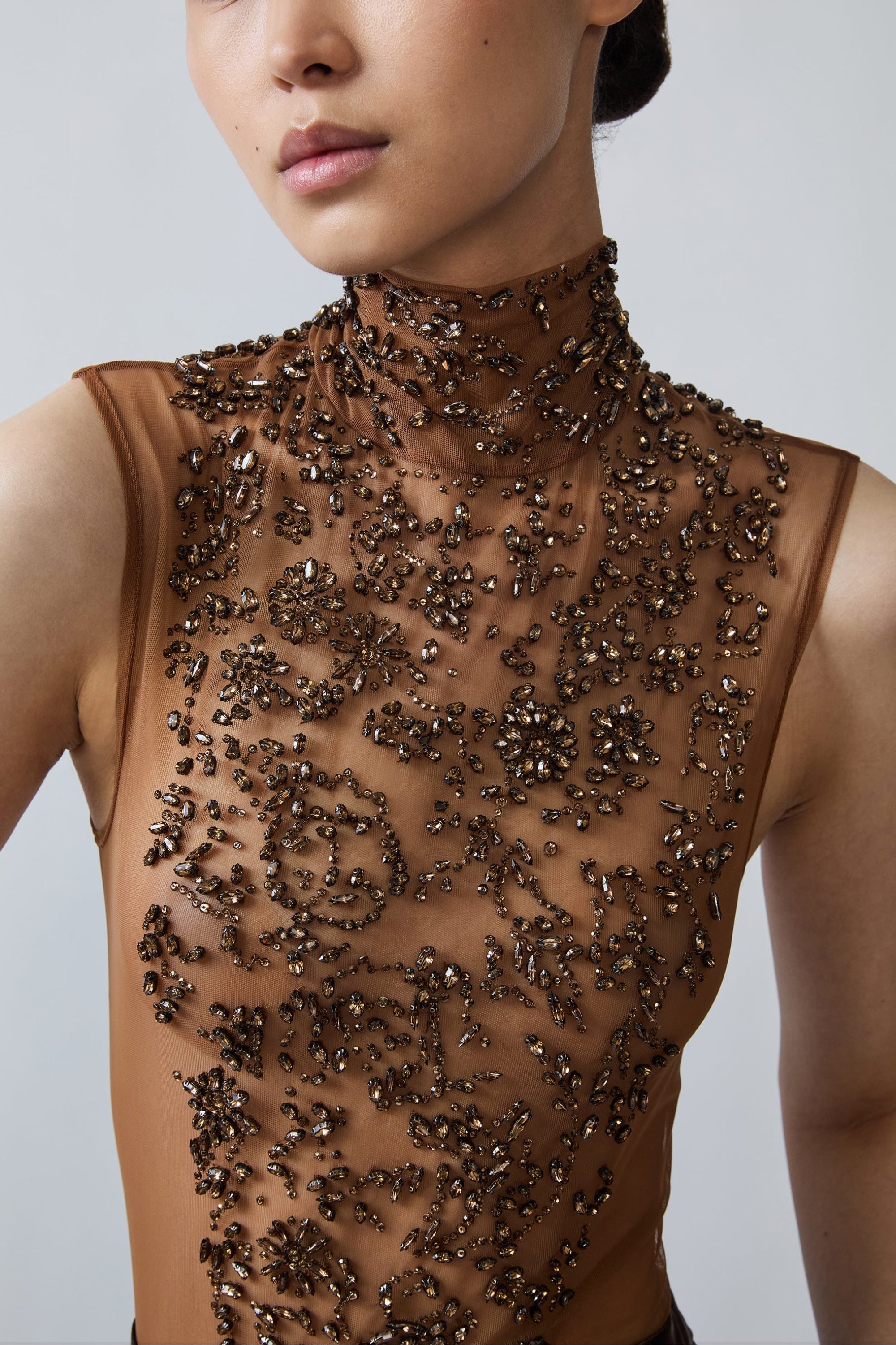 Flower Crystal Embroidery Sleeveless Mock Neck Bodysuit - LAPOINTE