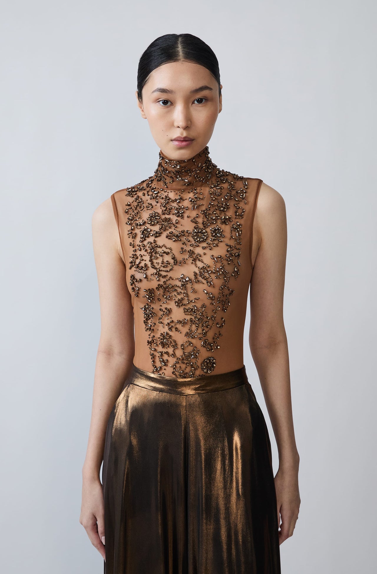 Flower Crystal Embroidery Sleeveless Mock Neck Bodysuit - LAPOINTE