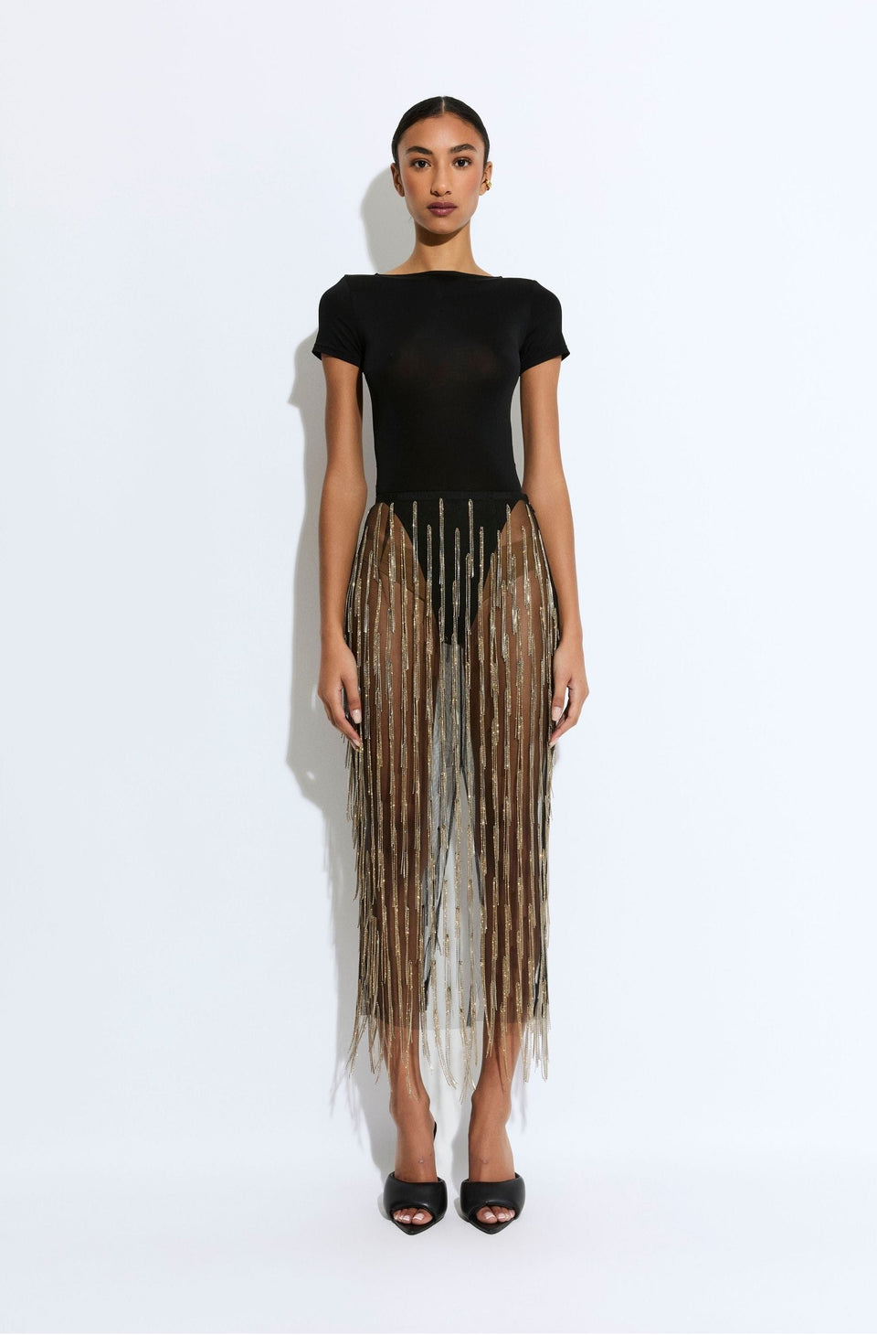 Rhinestone Fringe High Waist Skirt