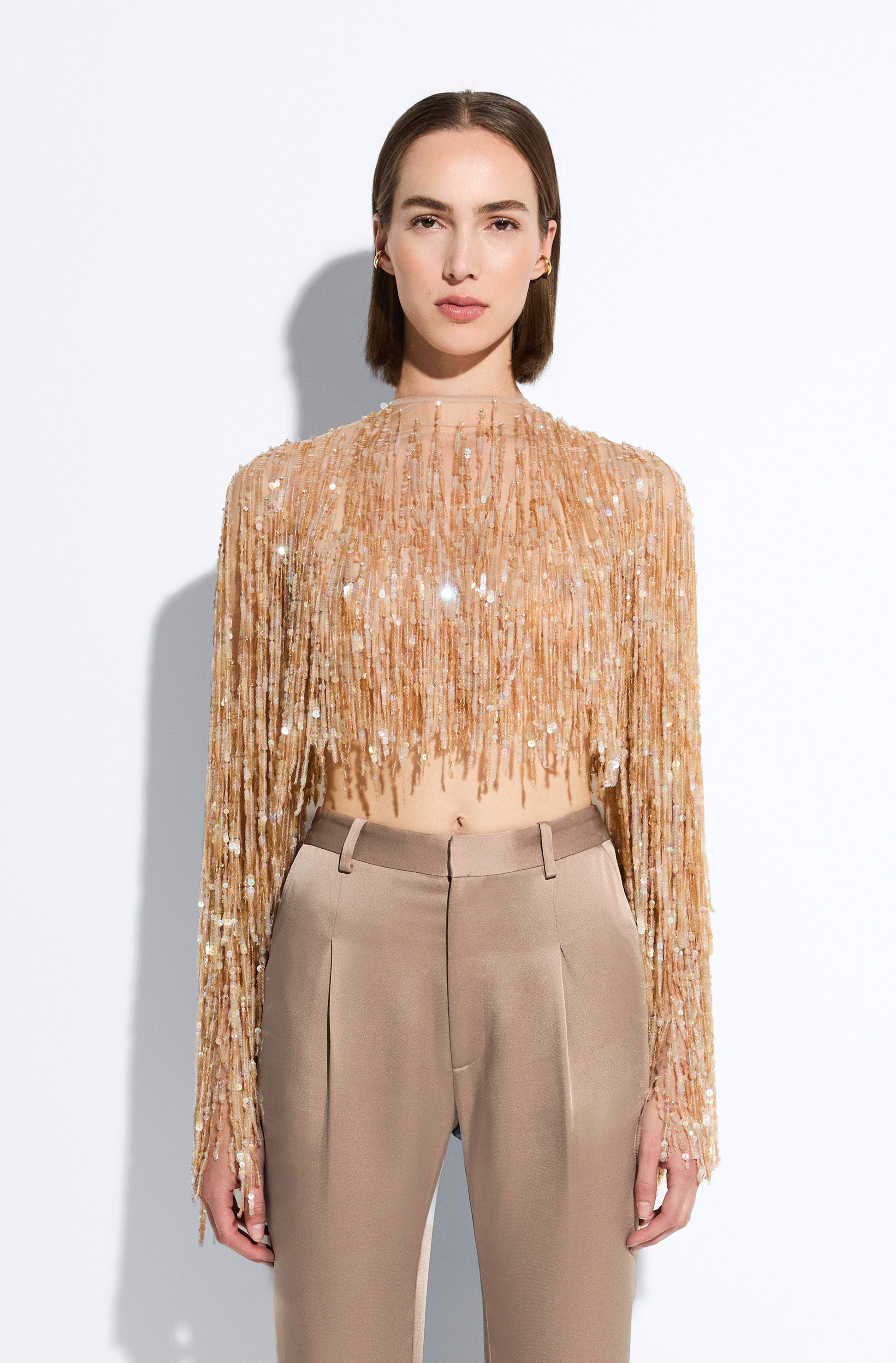 Fringe Sequin Cropped Top in Oat Tan | LAPOINTE