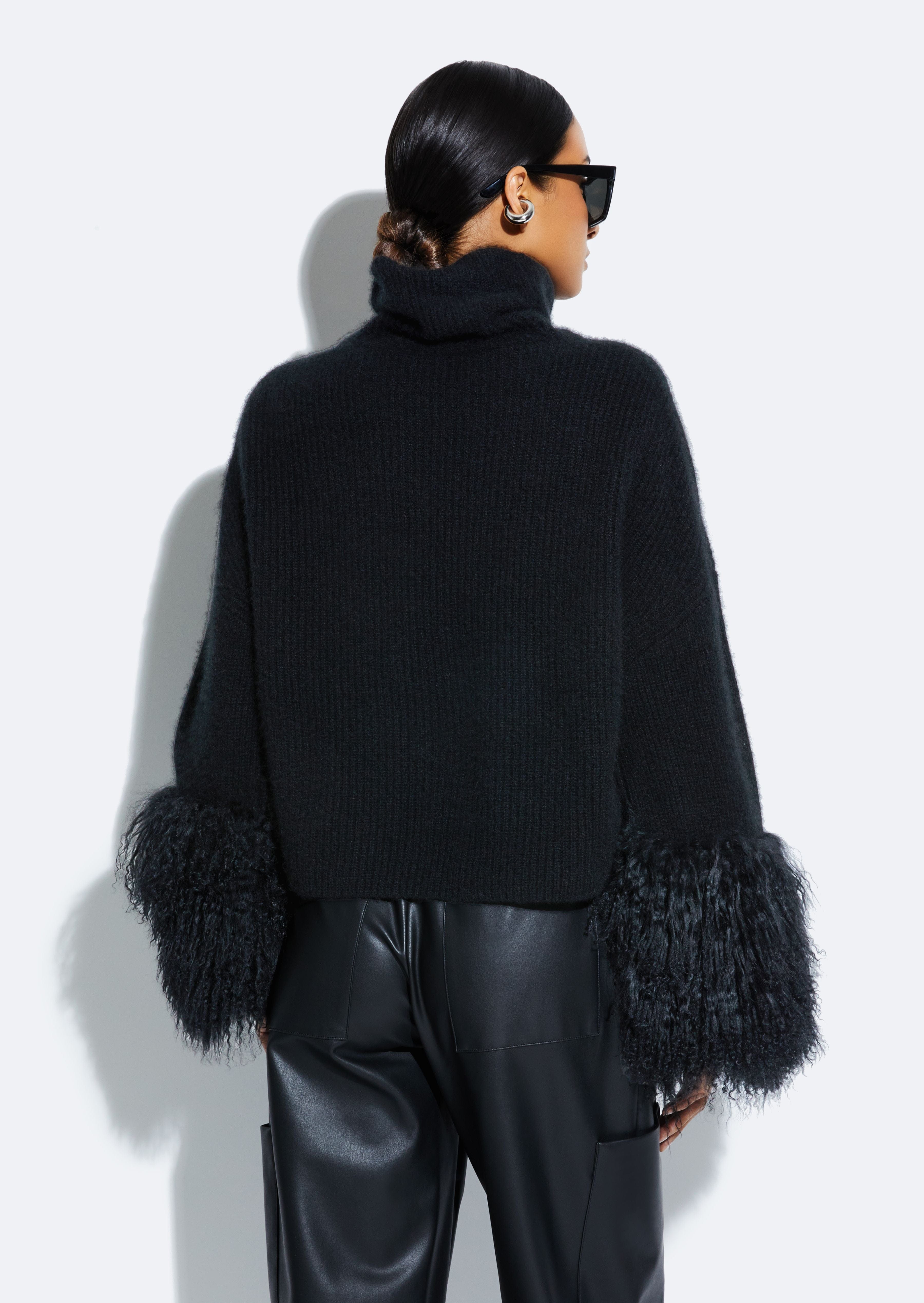 Cashmere Turtleneck Sweater With Shearling in Black Black | LAPOINTE
