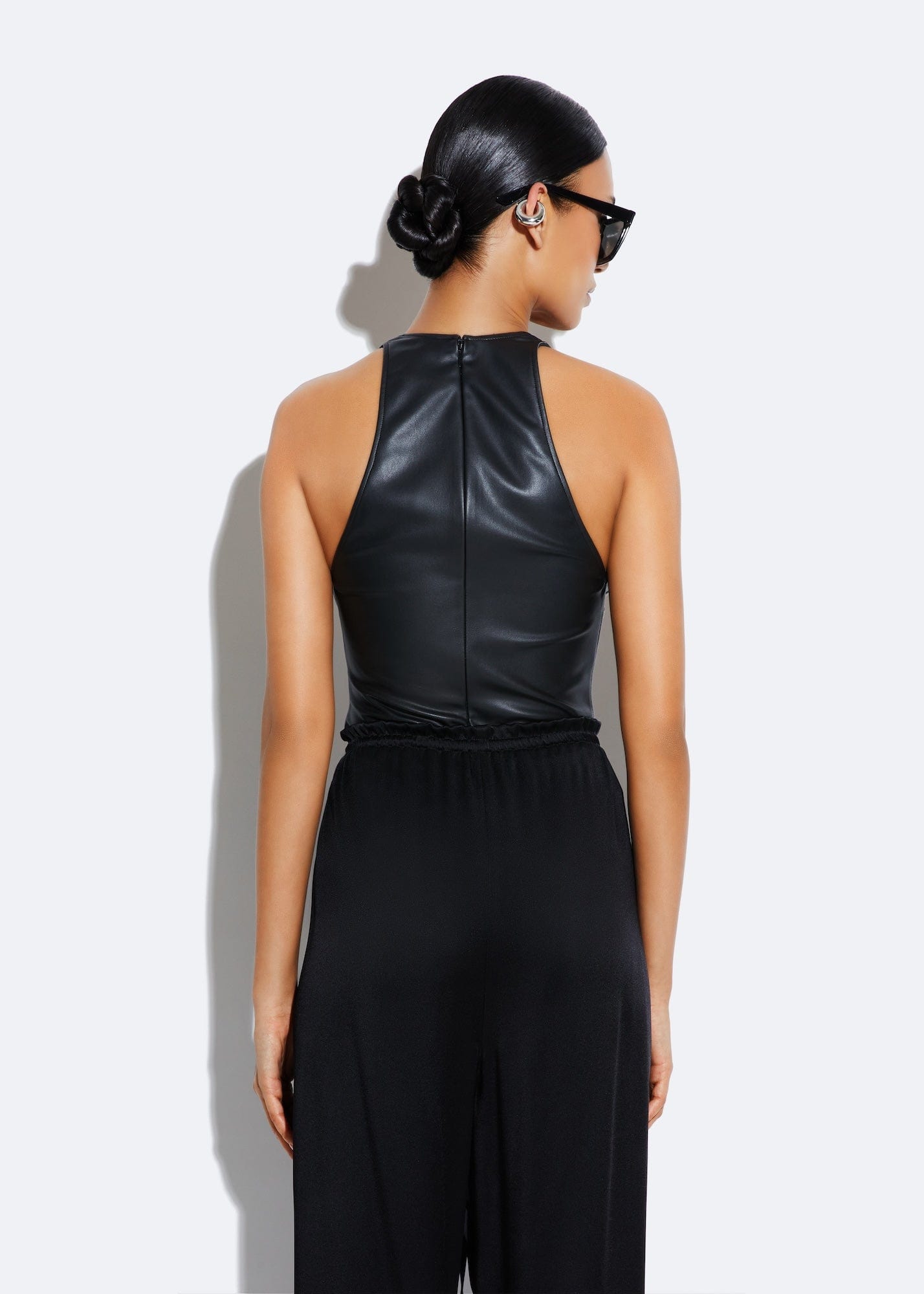 Stretch Faux Leather Plunge Neck Bodysuit in Black Black | LAPOINTE