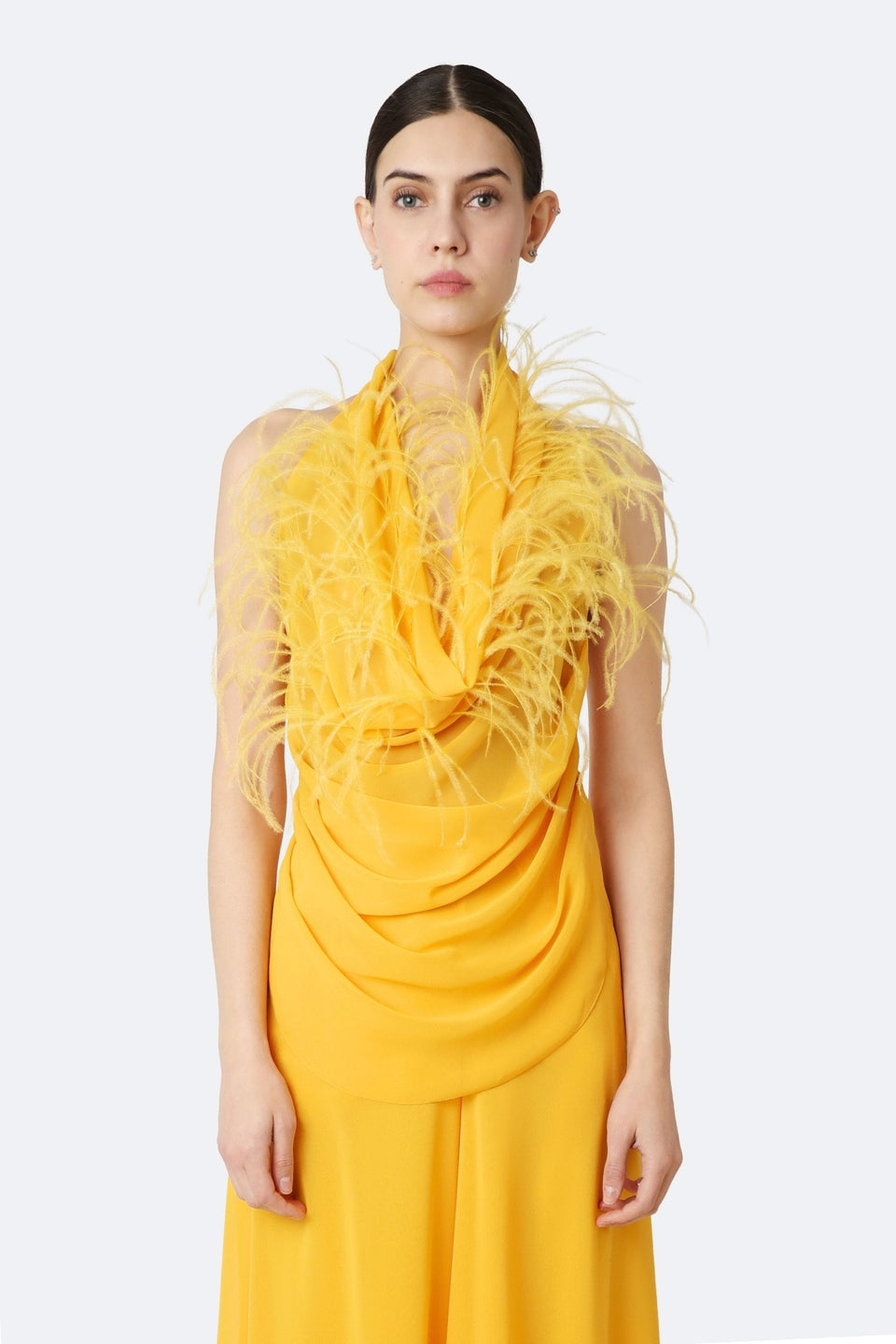 Lightweight Georgette Draped Cowl Neck Top With Feathers - LAPOINTE
