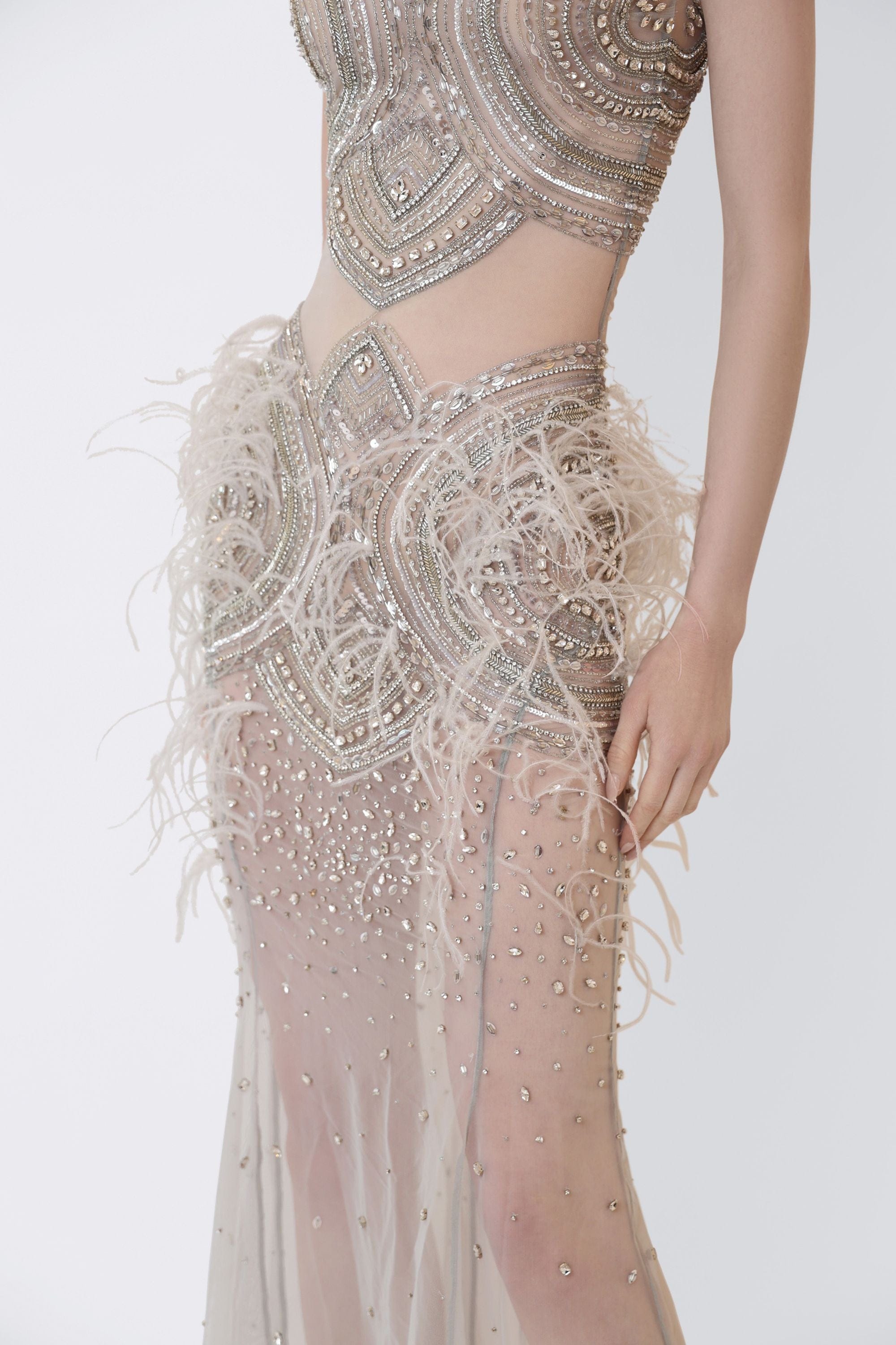Mosaic Crystal Embroidery Sleeveless Boatneck Gown