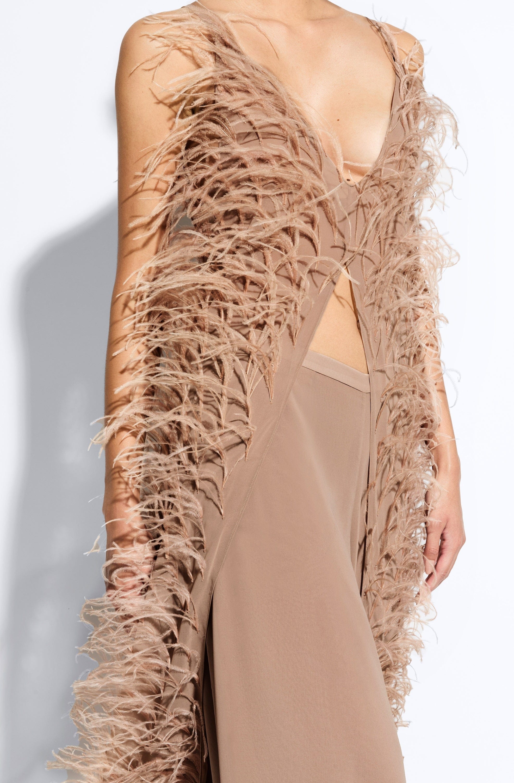 Lightweight Georgette Long Cami Top With Feathers in Oat Tan