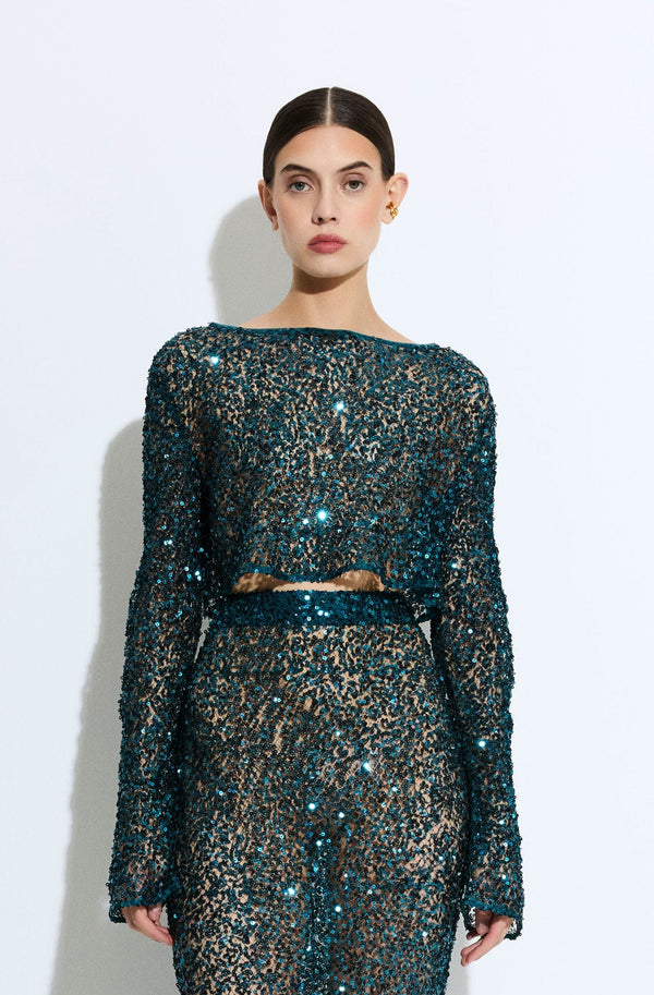 Net Paillette Cropped Boatneck Top