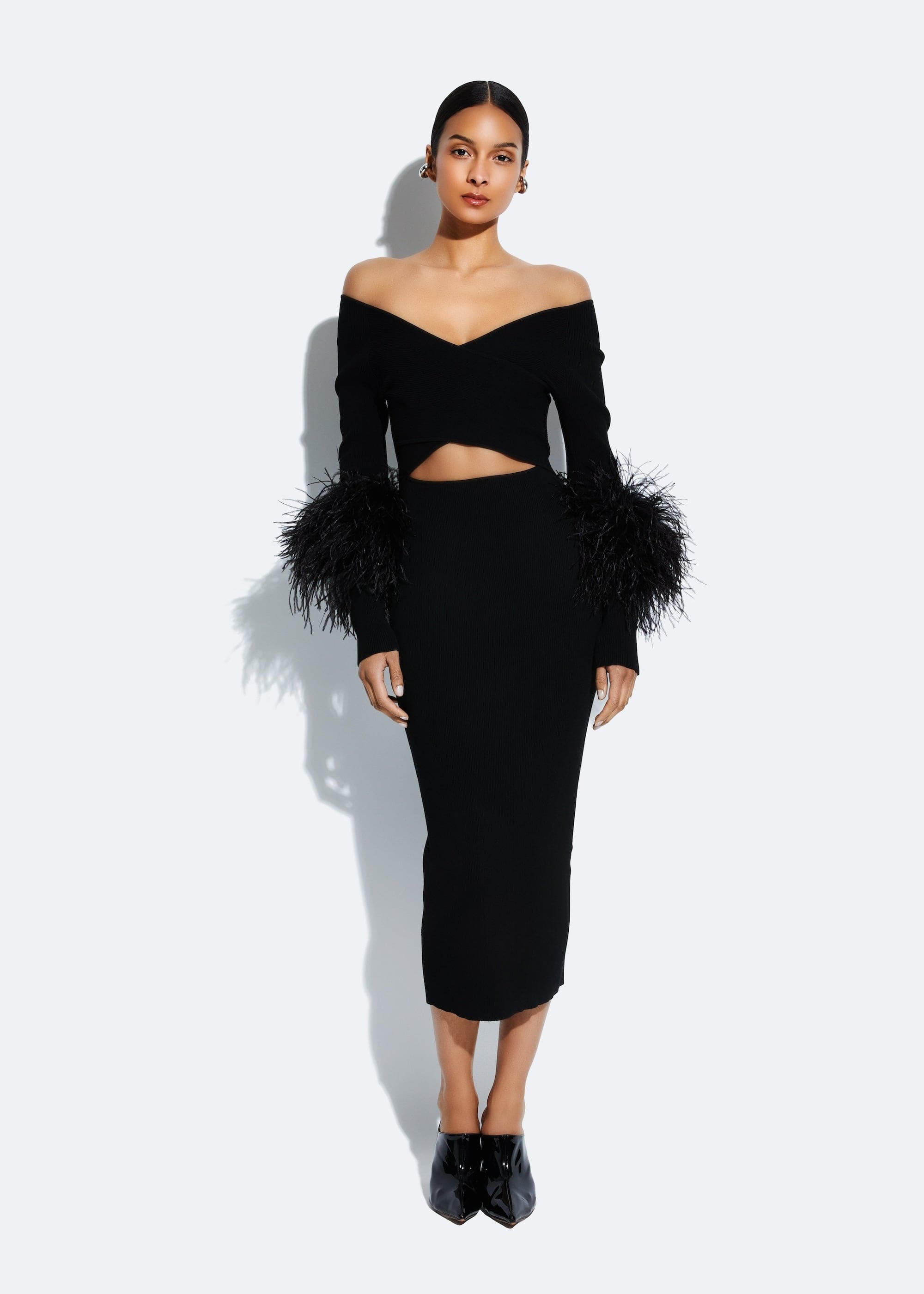 LAPOINTE Feather-Cuff Fitted Cut-Out Midi-Dress - Black LAPOINTE Feather-Cuff Fitted Cut-Out Midi-Dress - Black