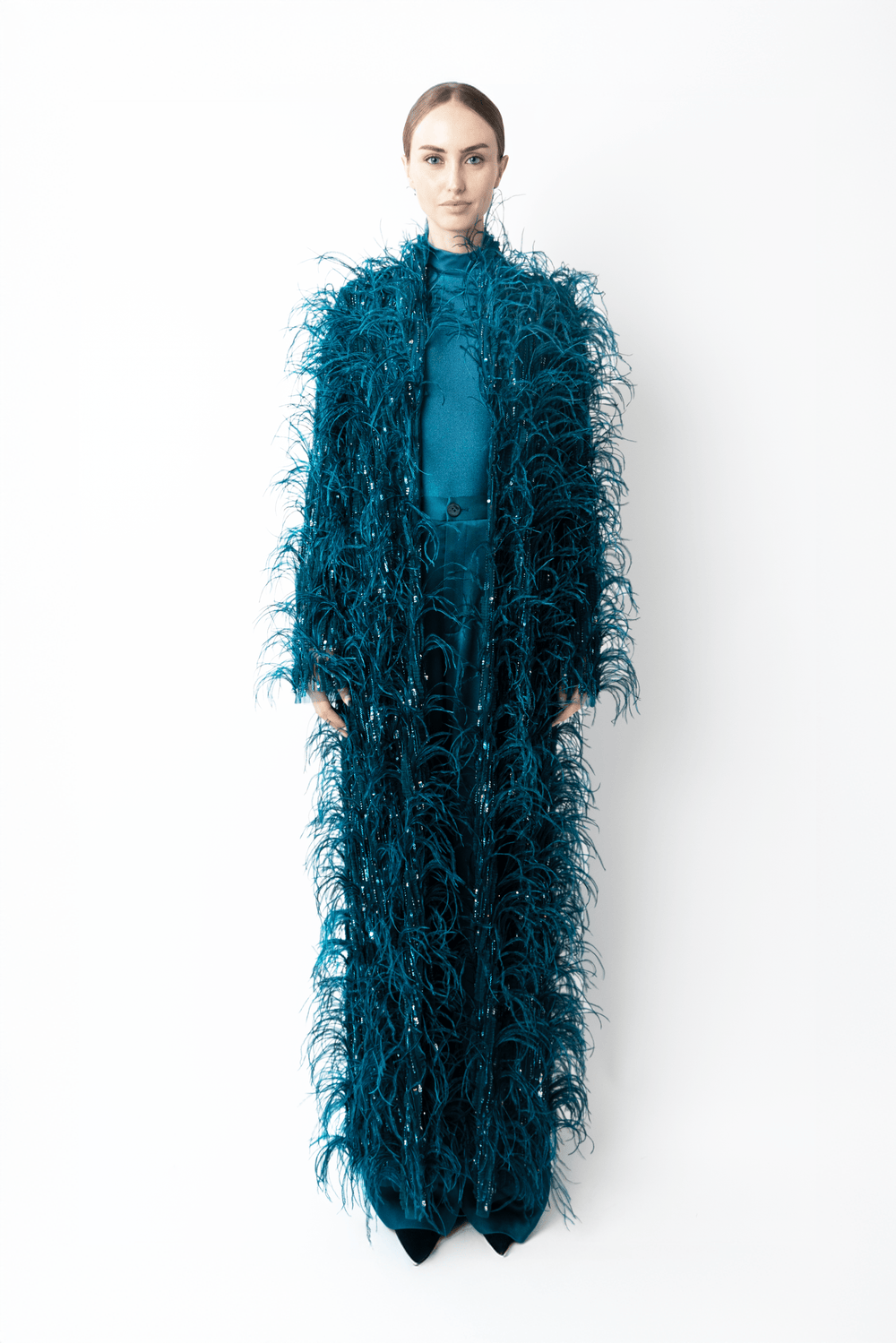 Cascading Feather Embellished Coat in Dark teal Blue | LAPOINTE