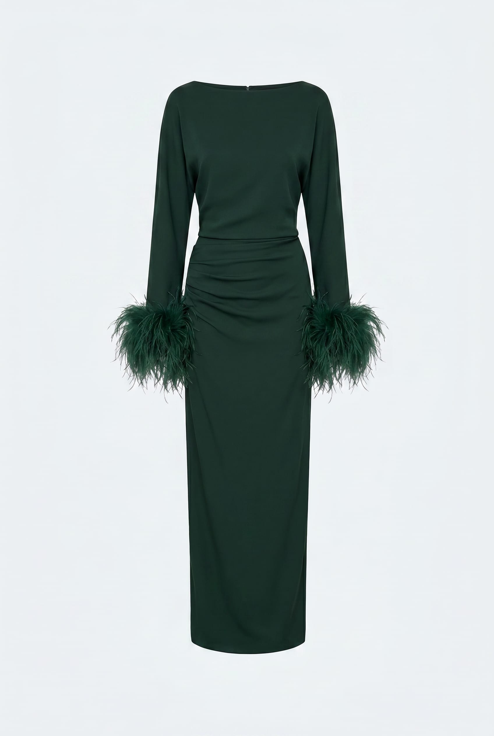Stretch Drape Crepe Slit Dress With Feathers - LAPOINTE