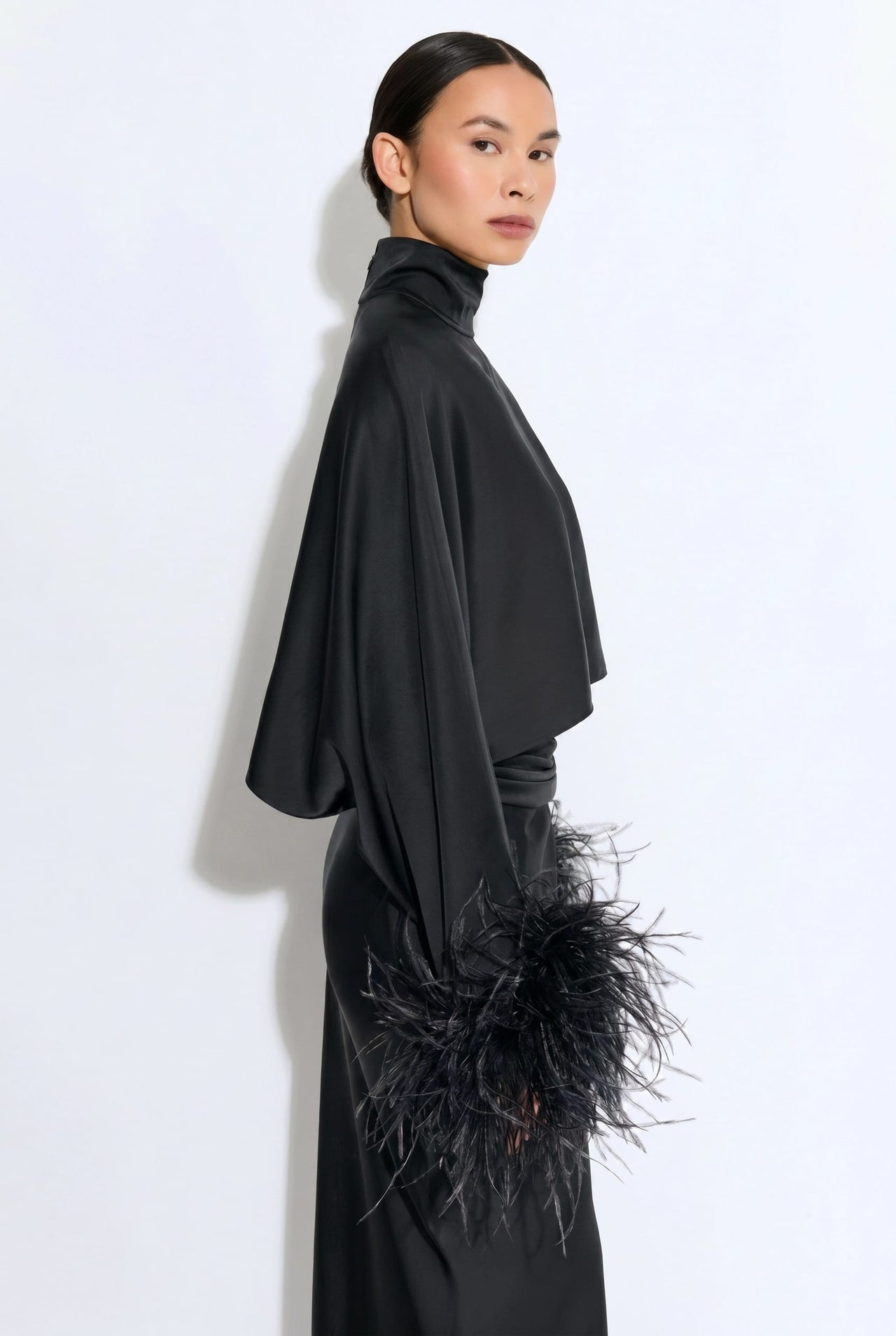 Lightweight Satin Caftan Top With Feathers
