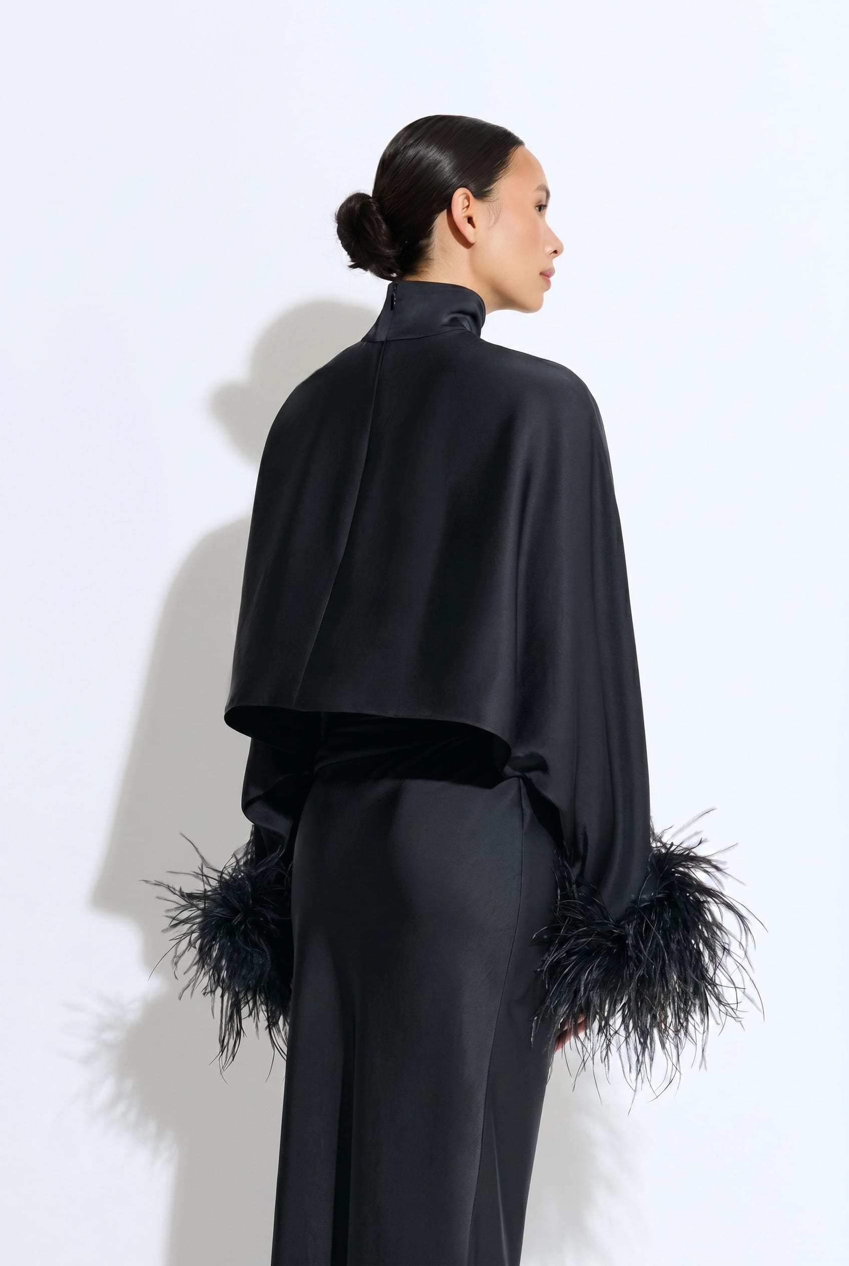 Lightweight Satin Caftan Top With Feathers