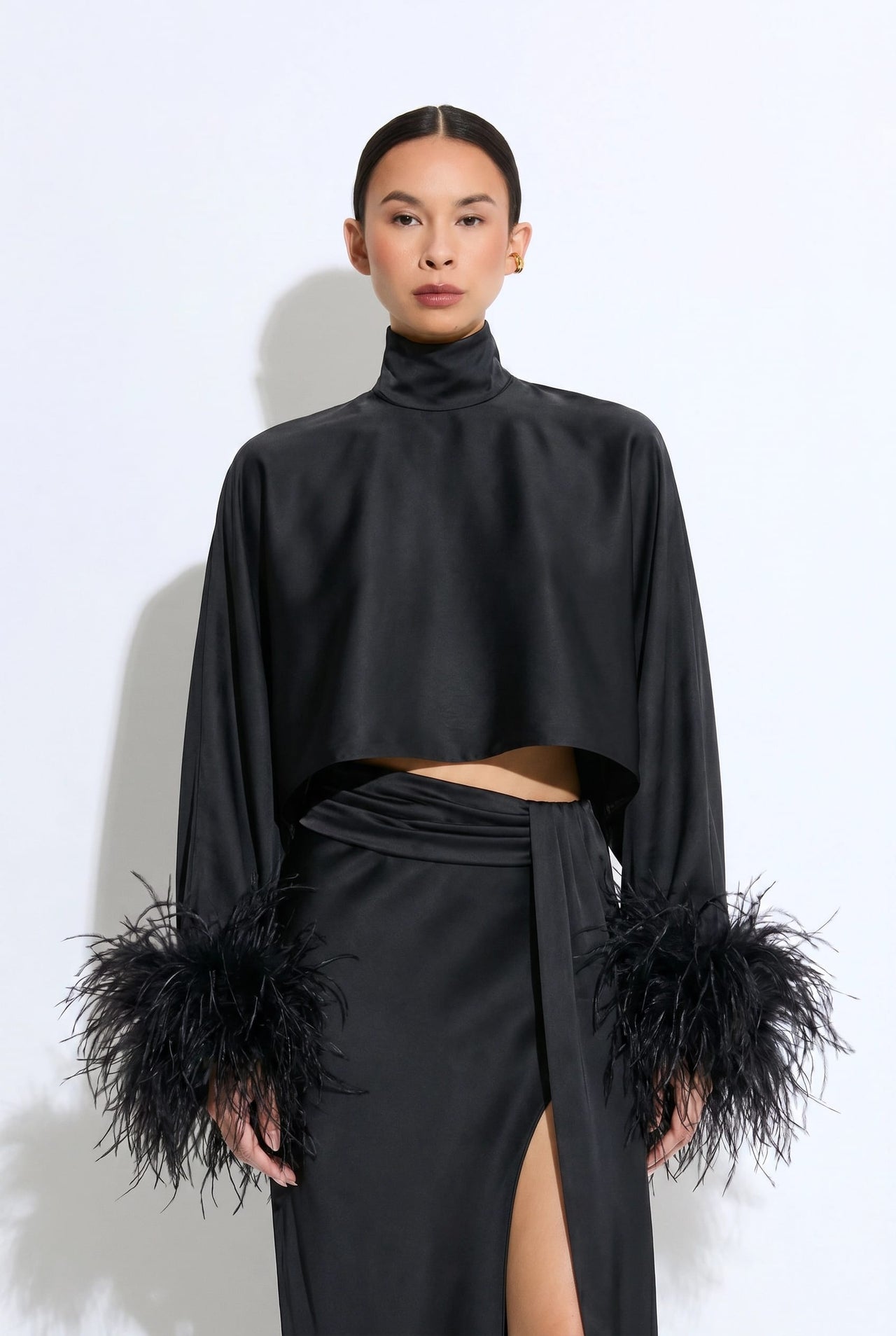 Lightweight Satin Caftan Top With Feathers