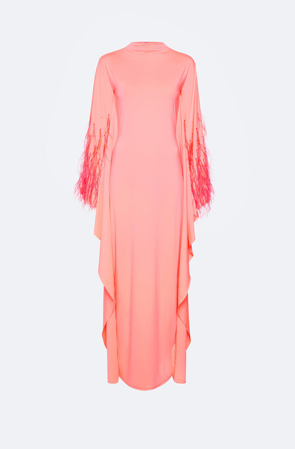 Compact Jersey Mock Neck Batwing Gown With Feather - LAPOINTE