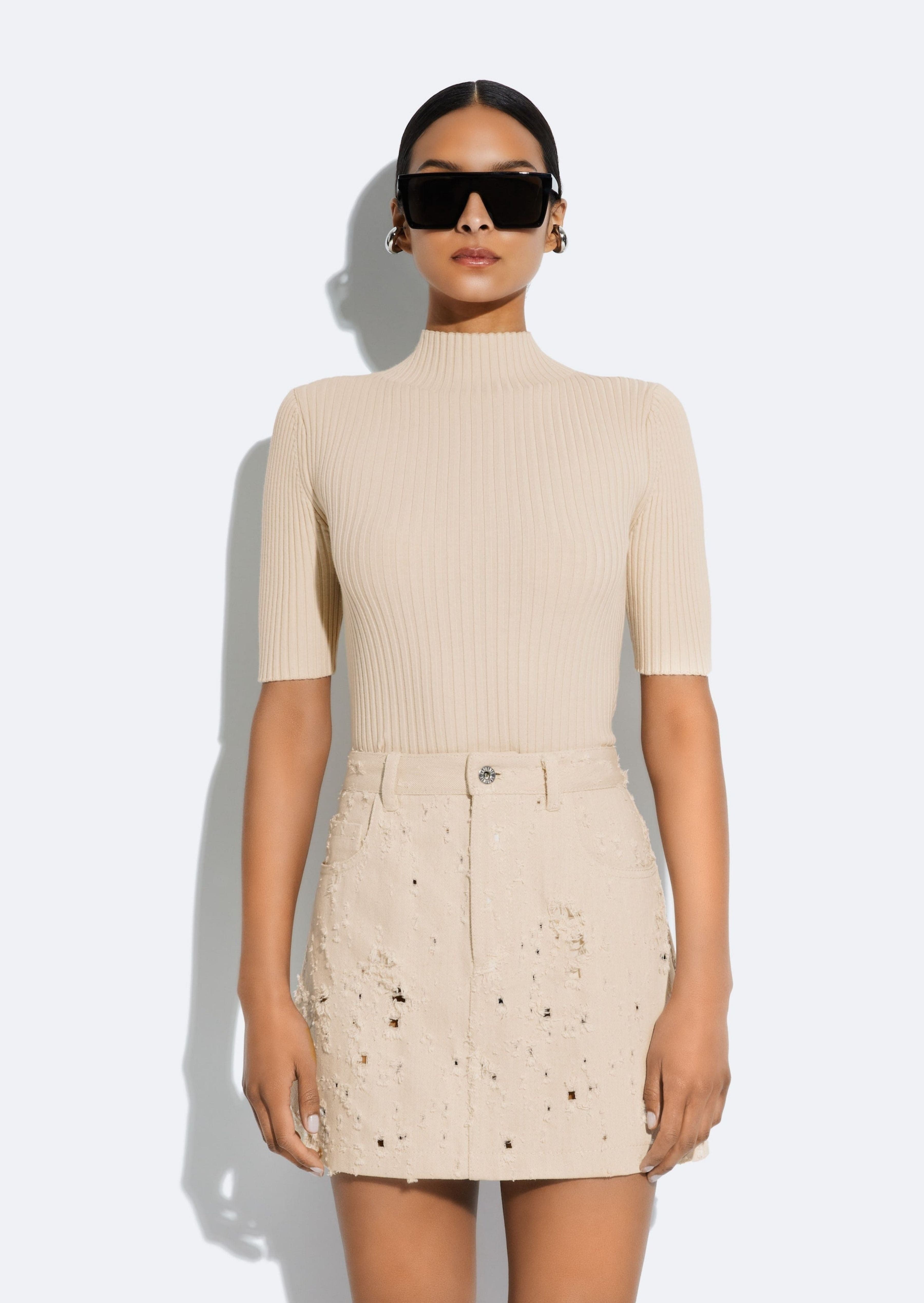 Cotton Wool Turtleneck Tee in Ecru Tan and Neutral | LAPOINTE