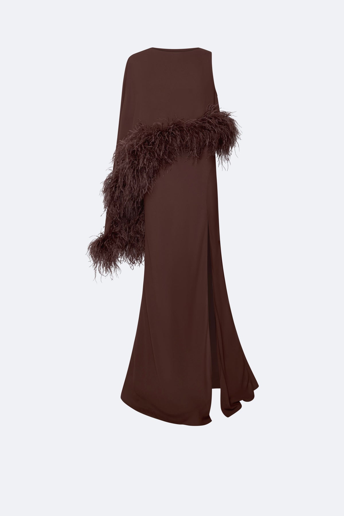 Georgette Asymmetric Draped Gown With Feathers