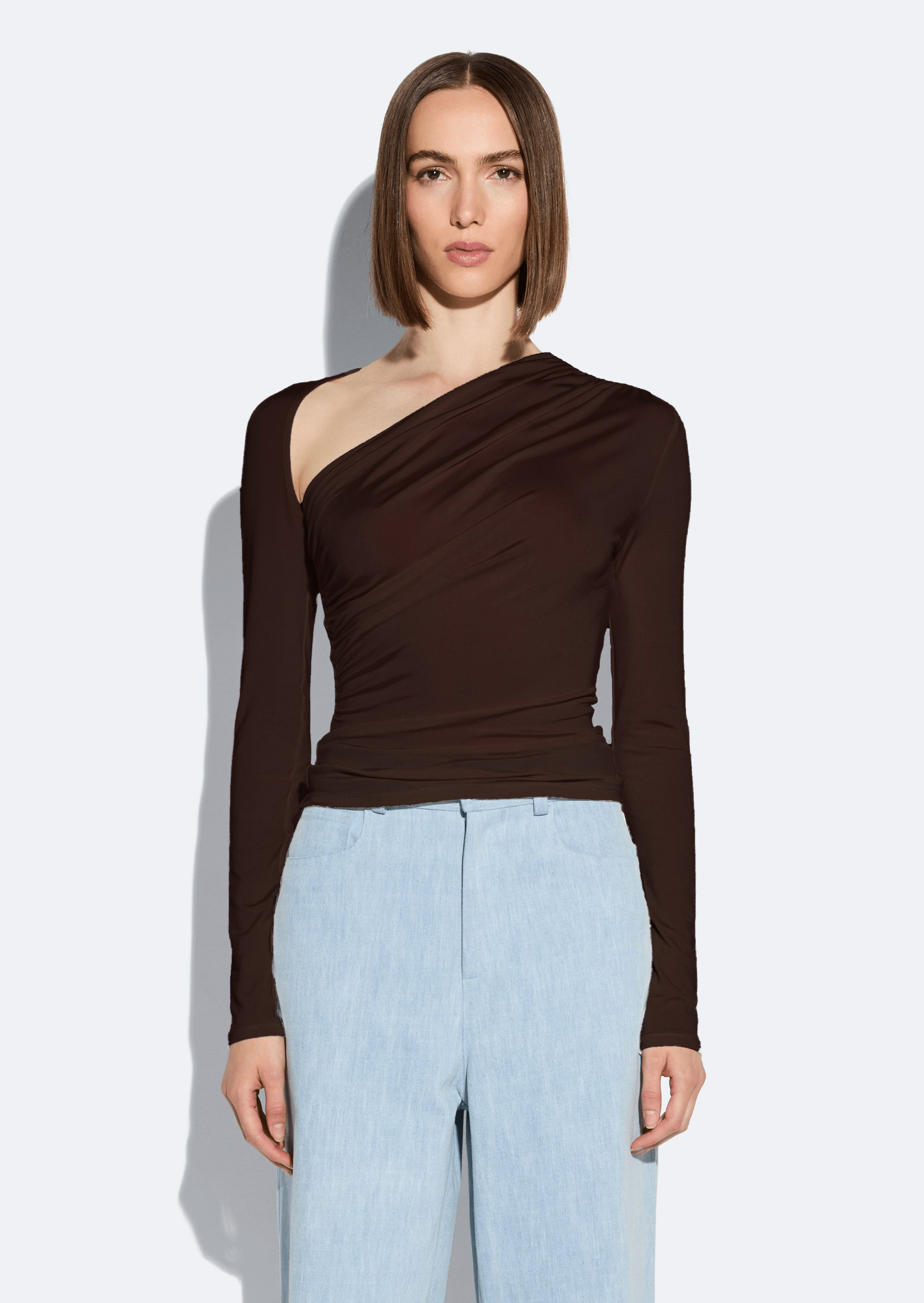 Jersey Asymmetrical Ruched Top in Dark brown Dark Brown | LAPOINTE Jersey Asymmetrical Ruched Top in Dark brown Dark Brown | LAPOINTE