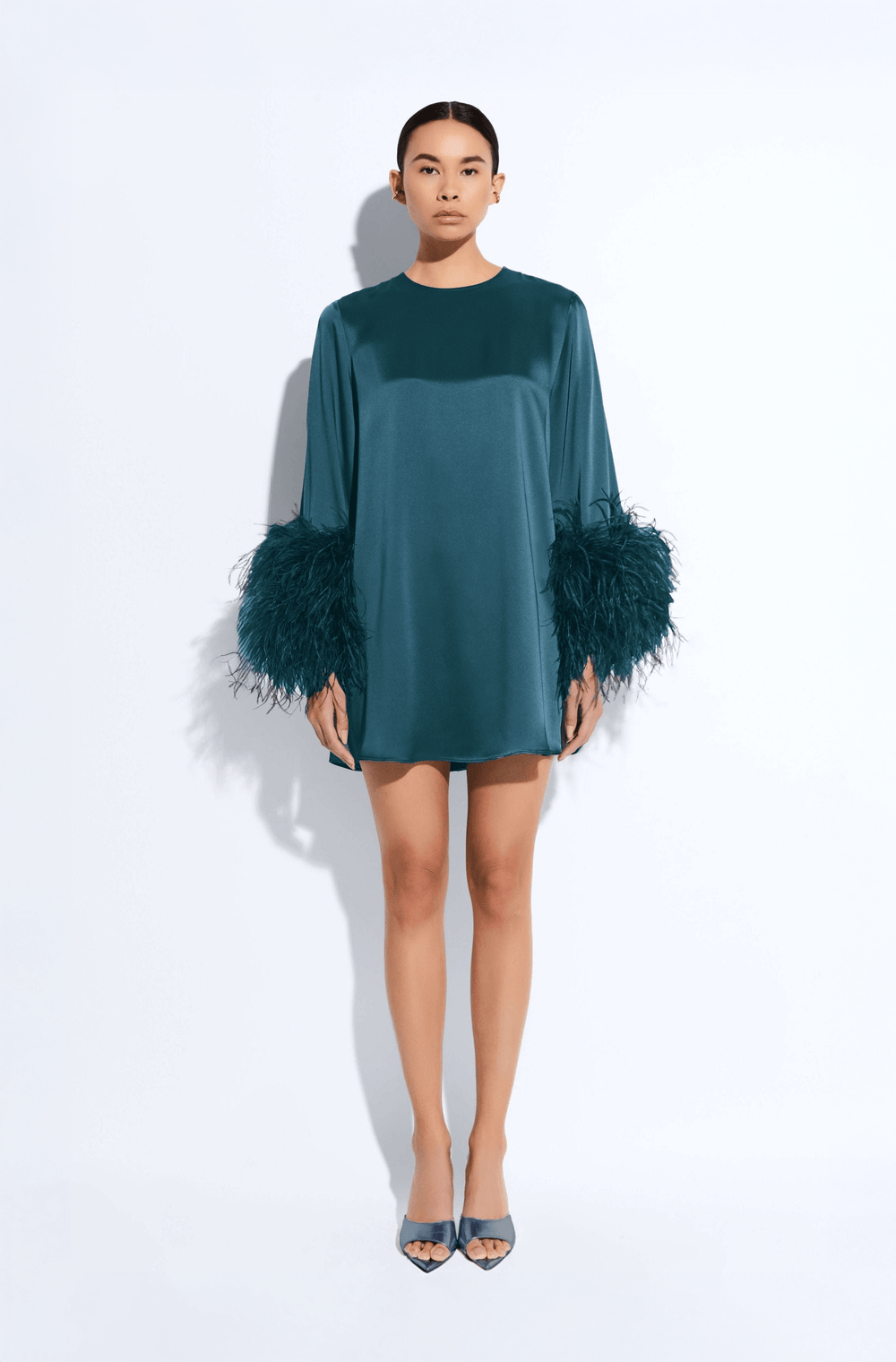 LAPOINTE Satin Dress With Feathers | Dark Green / XL LAPOINTE Satin Dress With Feathers | Dark Green / XL