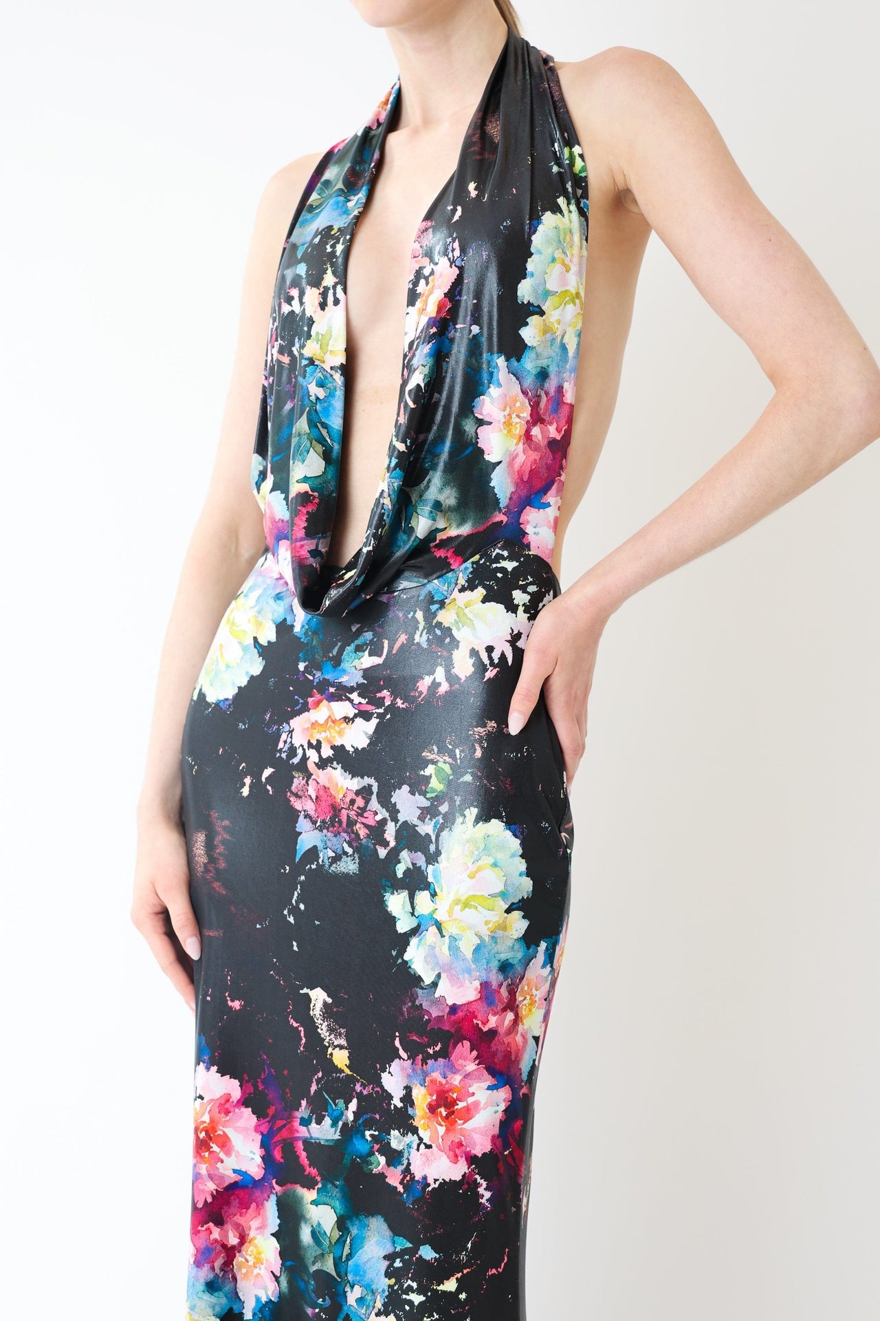 Floral Jersey Deep Cowl Neck Gown - LAPOINTE
