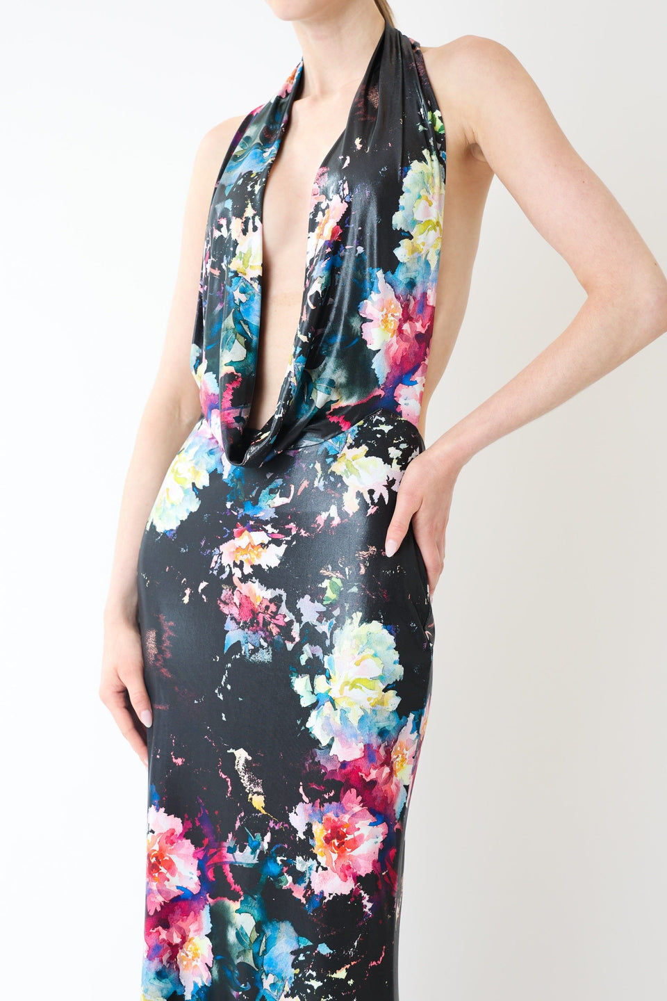 Floral Jersey Deep Cowl Neck Gown - LAPOINTE