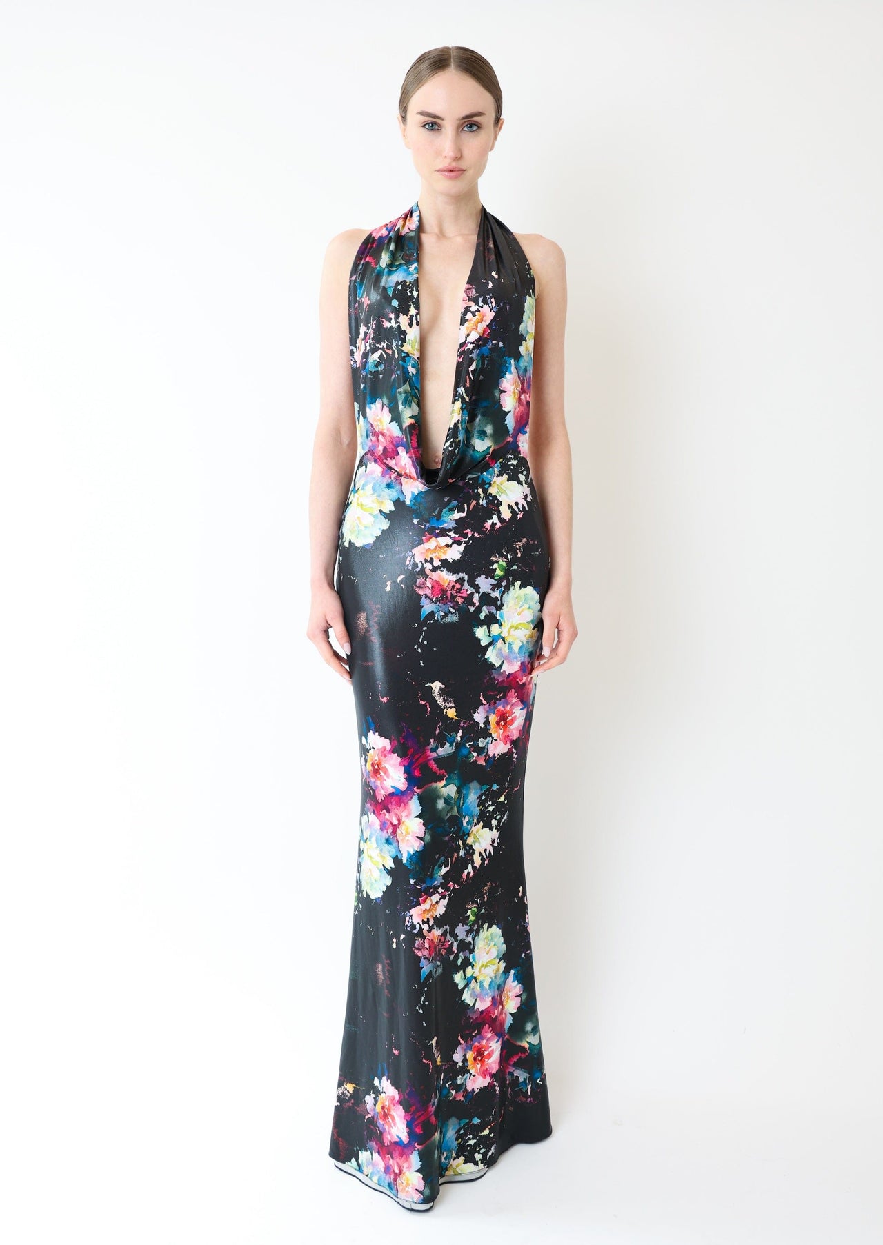 Floral Jersey Deep Cowl Neck Gown - LAPOINTE