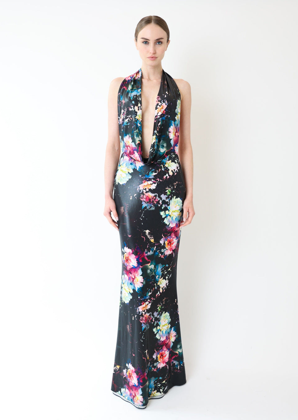 Floral Jersey Deep Cowl Neck Gown - LAPOINTE