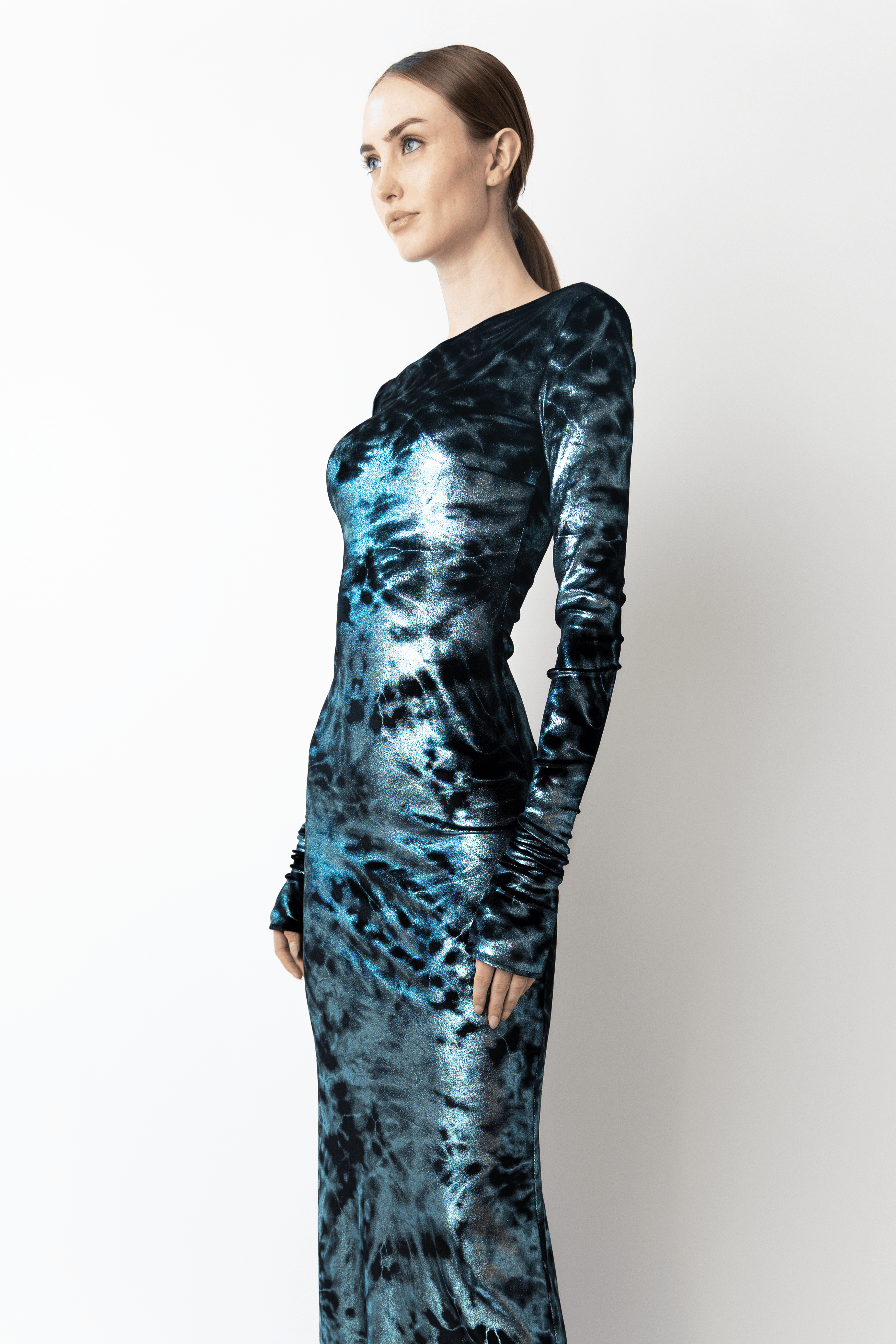 Foil Velour Boatneck Gown in Midnight Blue | LAPOINTE Foil Velour Boatneck Gown in Midnight Blue | LAPOINTE