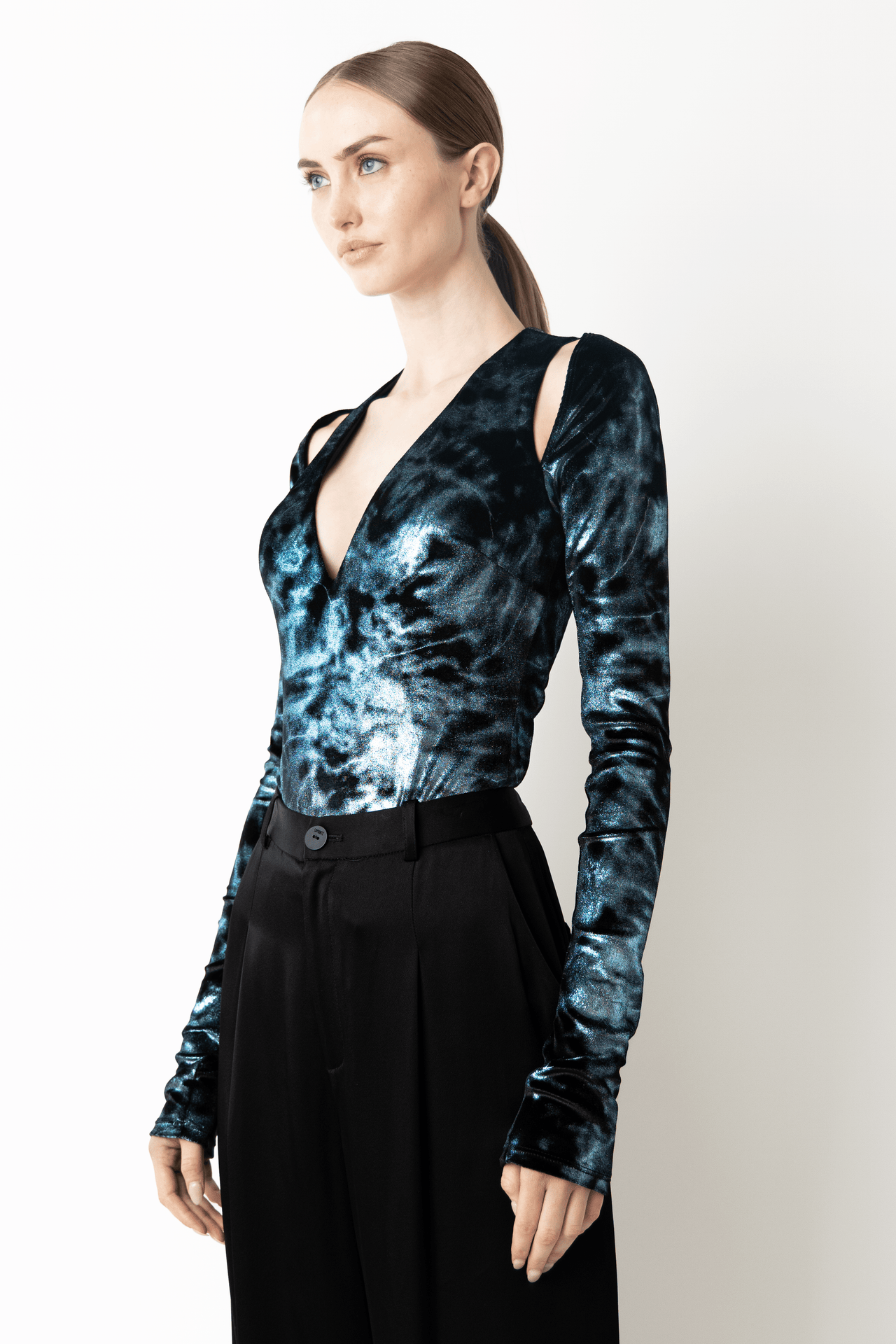 Foil Velour V Neck Bodysuit - LAPOINTE