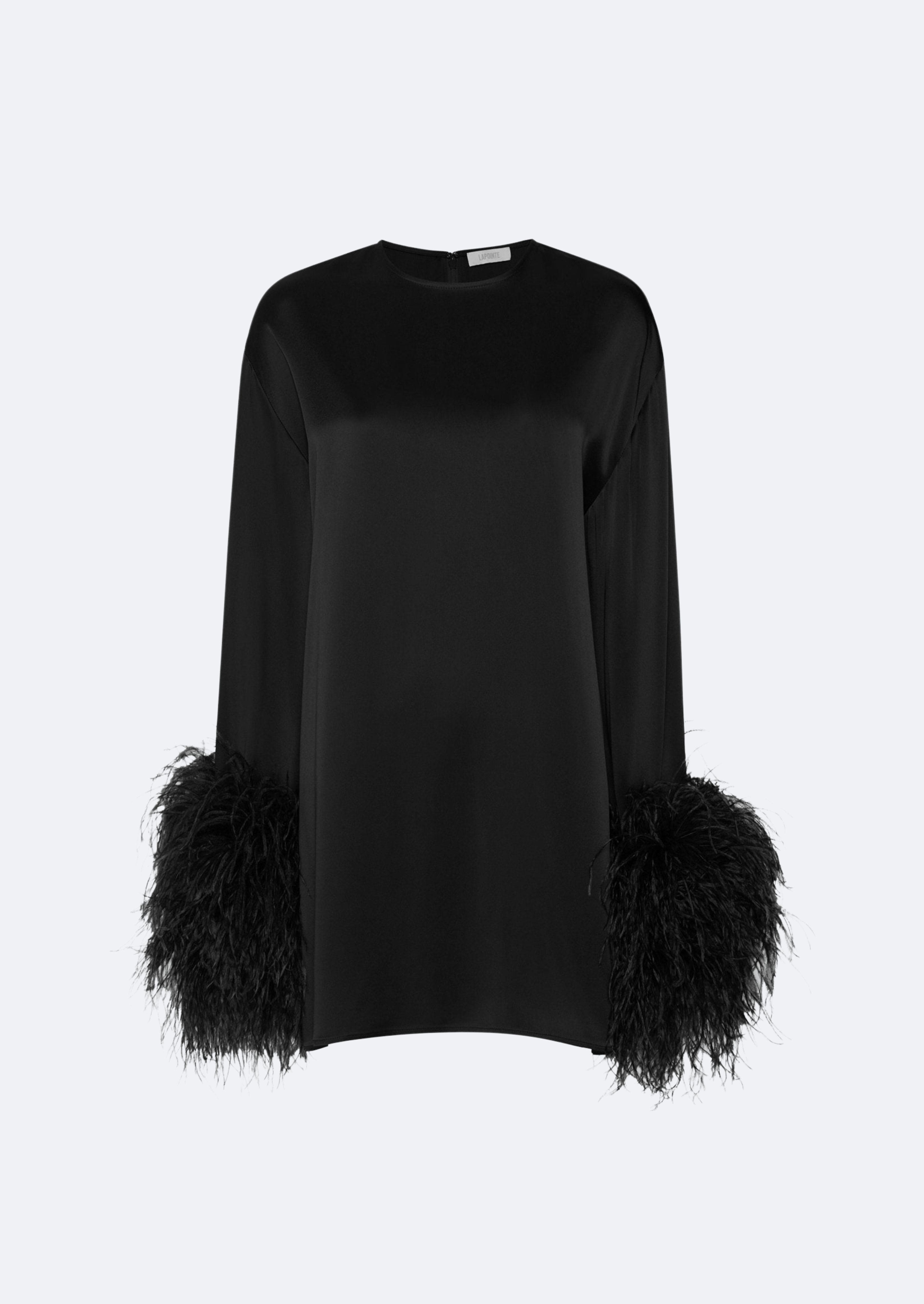 LAPOINTE Satin Dress With Feathers | Black / S LAPOINTE Satin Dress With Feathers | Black / S