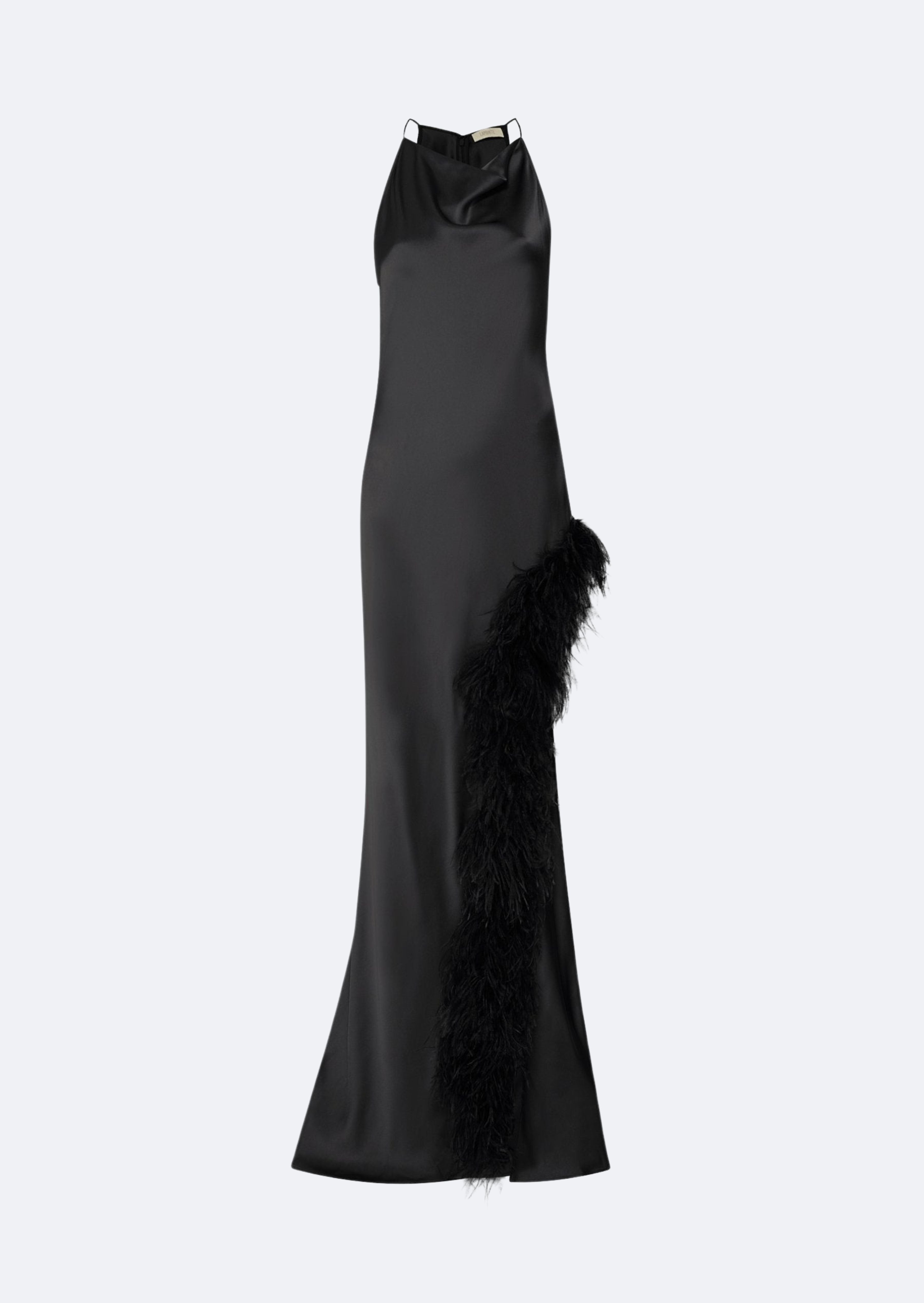 Satin Halter Gown With Feathers