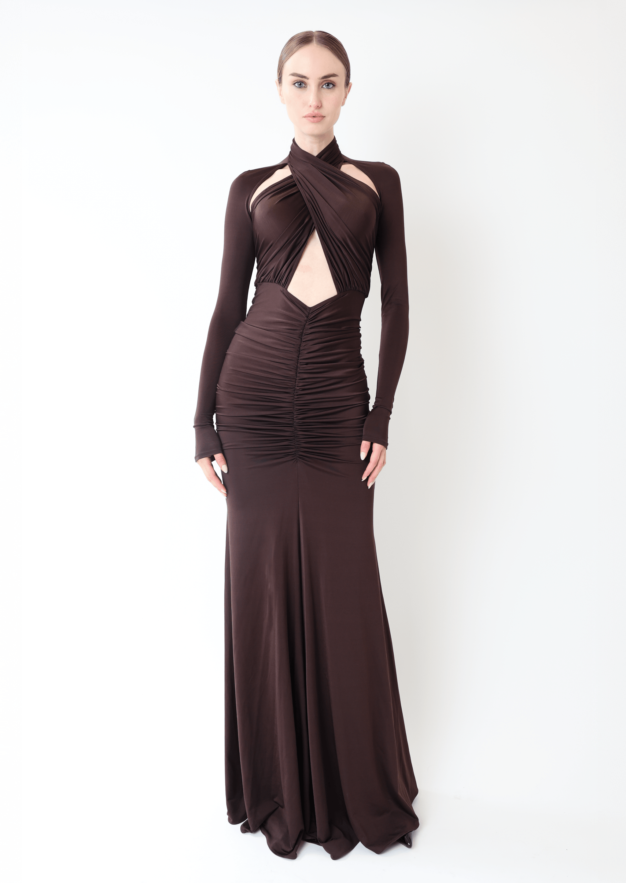 LAPOINTE Jersey Halter Ruched Gown | Dark Brown / L LAPOINTE Jersey Halter Ruched Gown | Dark Brown / L