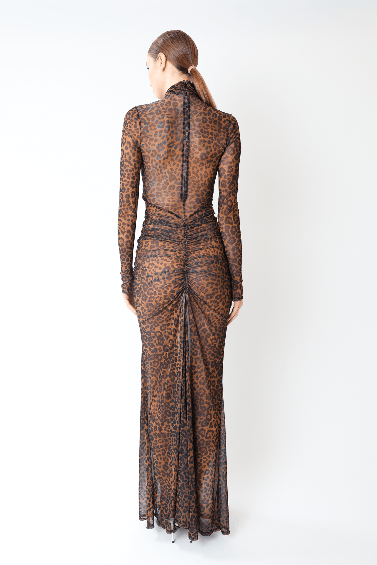 Printed Mesh Halter Ruched Gown