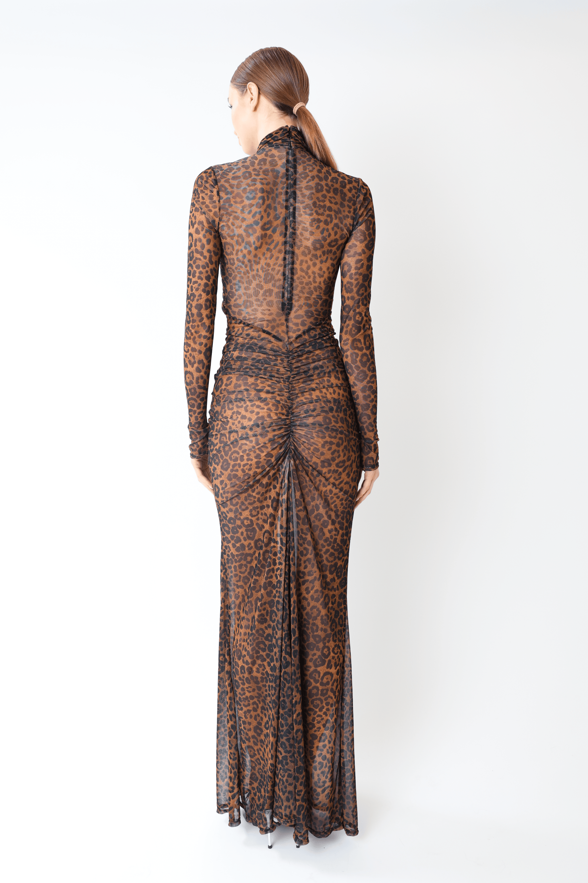 Printed Mesh Halter Ruched Gown - LAPOINTE