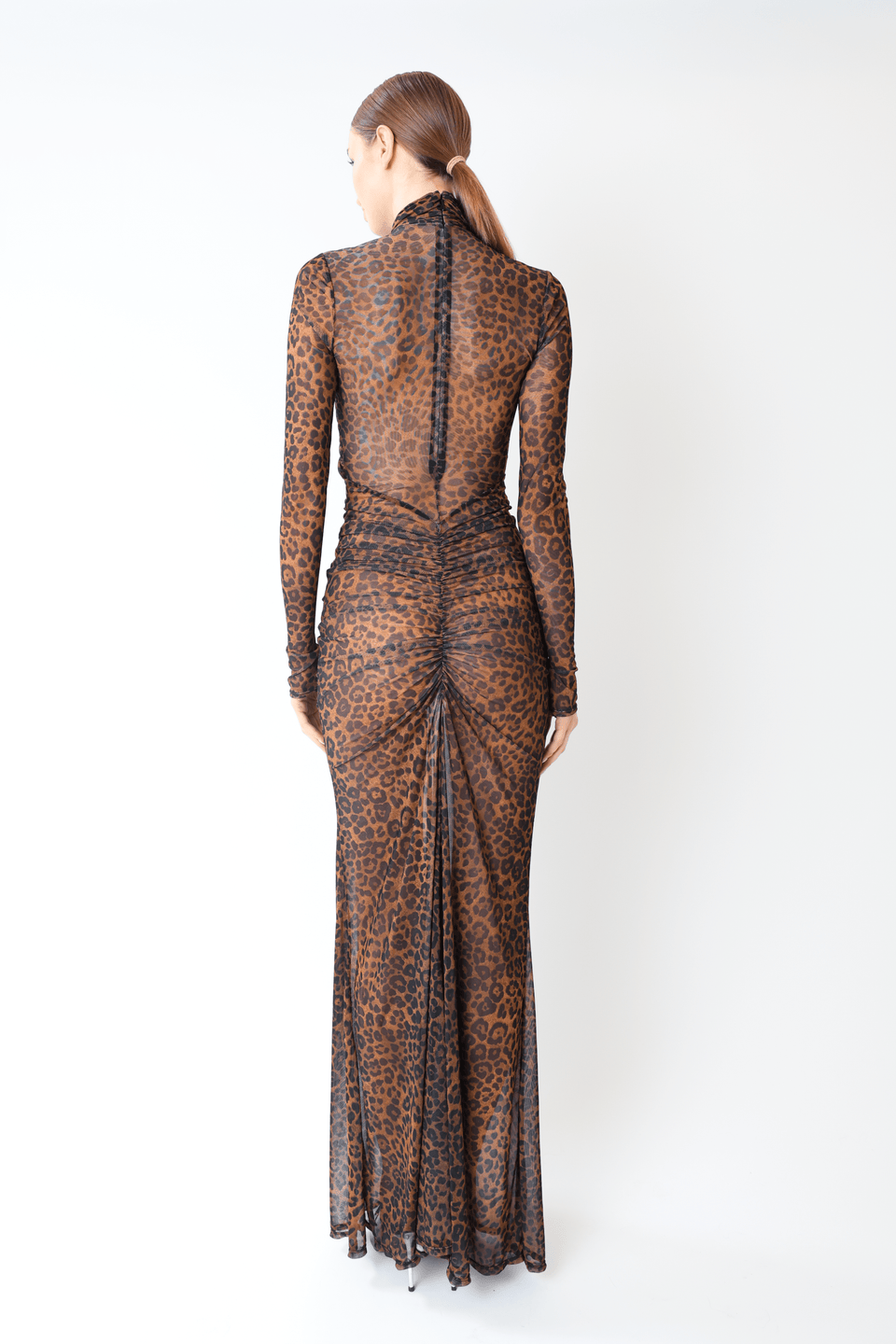 Printed Mesh Halter Ruched Gown