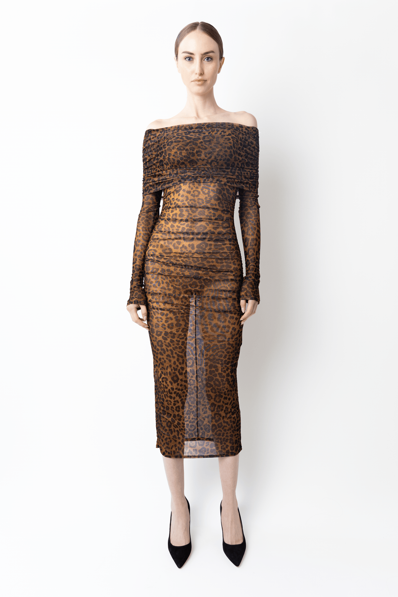 Printed Mesh Off Shoulder Midi Dress - LAPOINTE