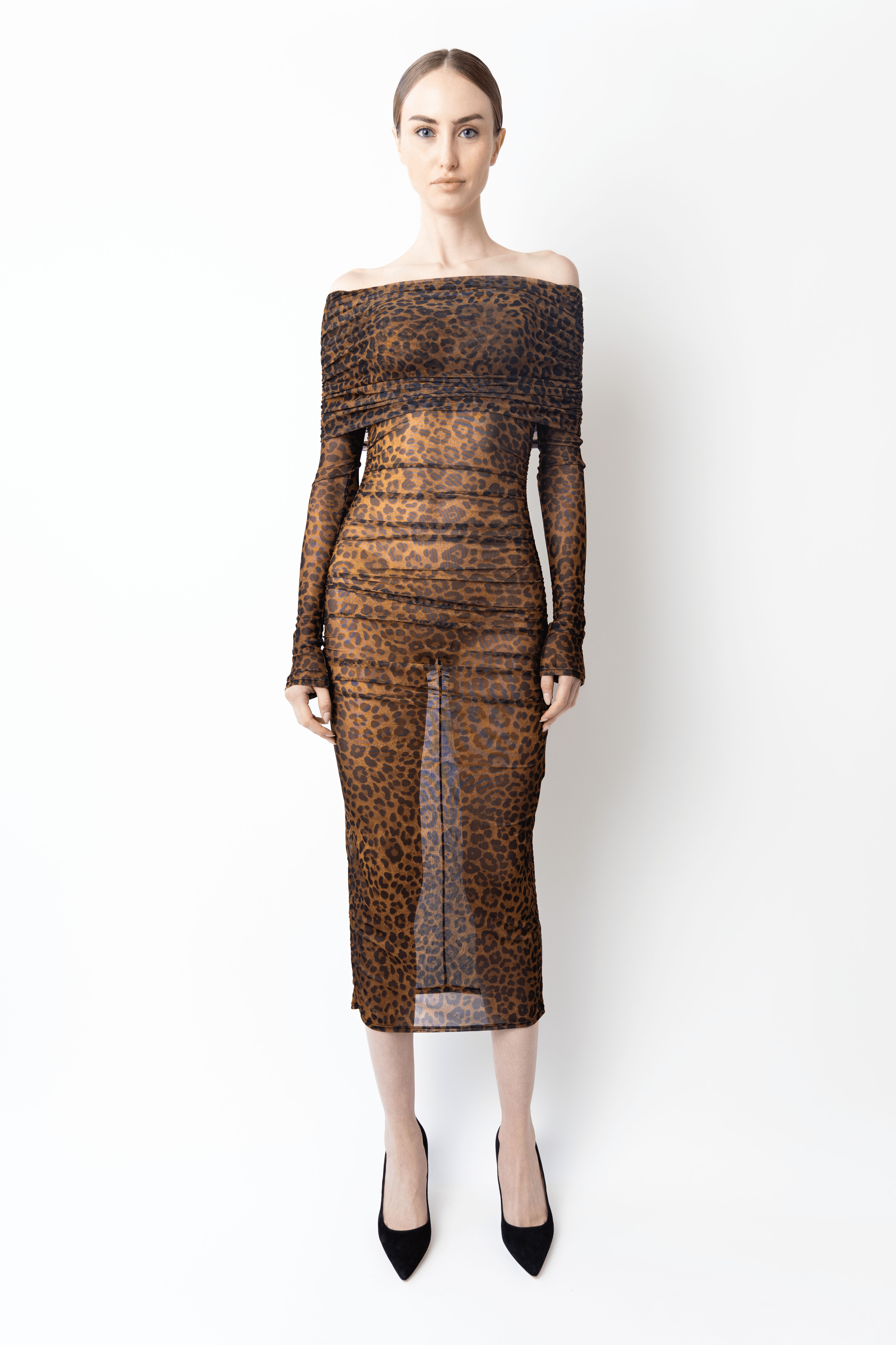 Printed Mesh Off Shoulder Midi Dress - LAPOINTE