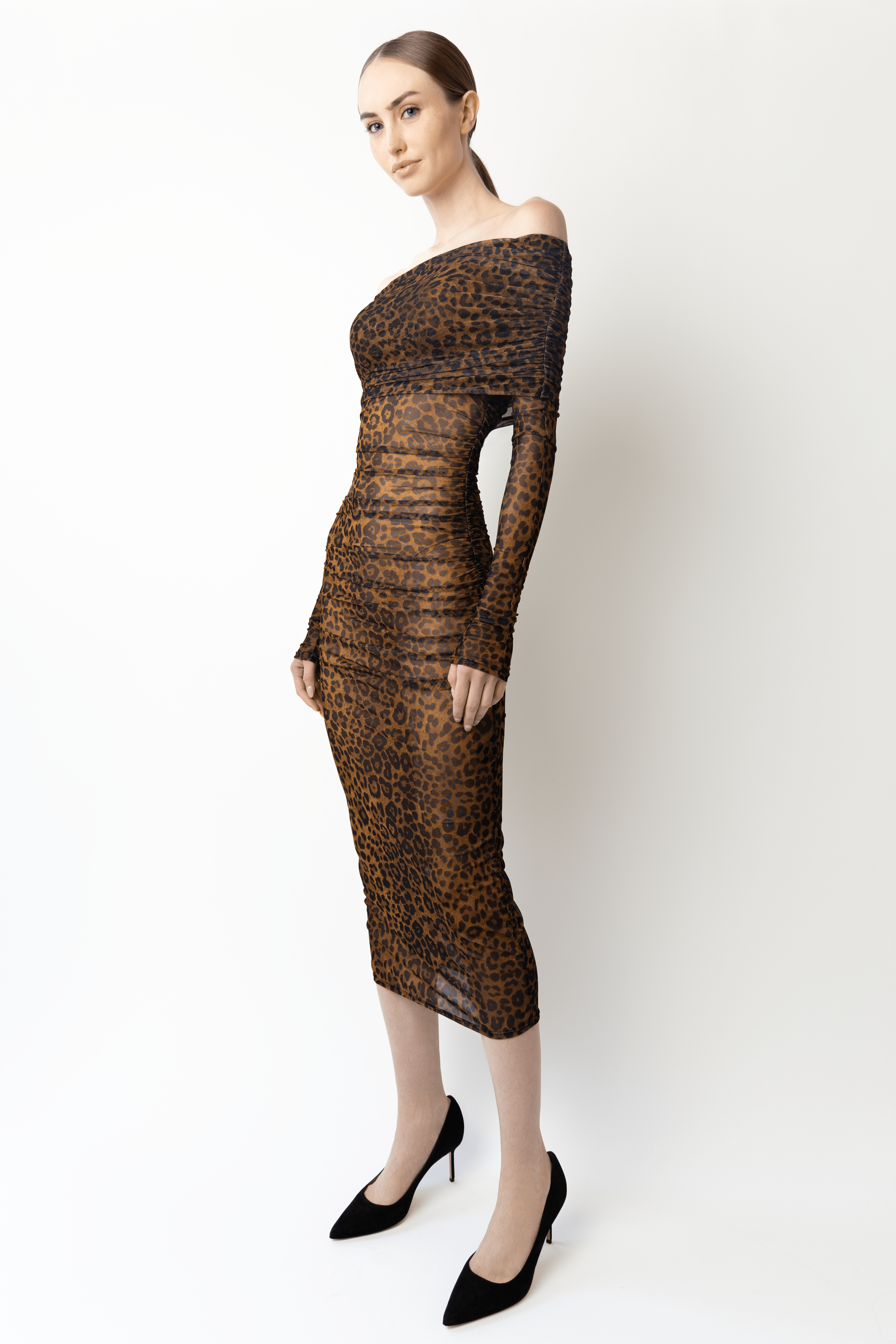 Printed Mesh Off Shoulder Midi Dress - LAPOINTE