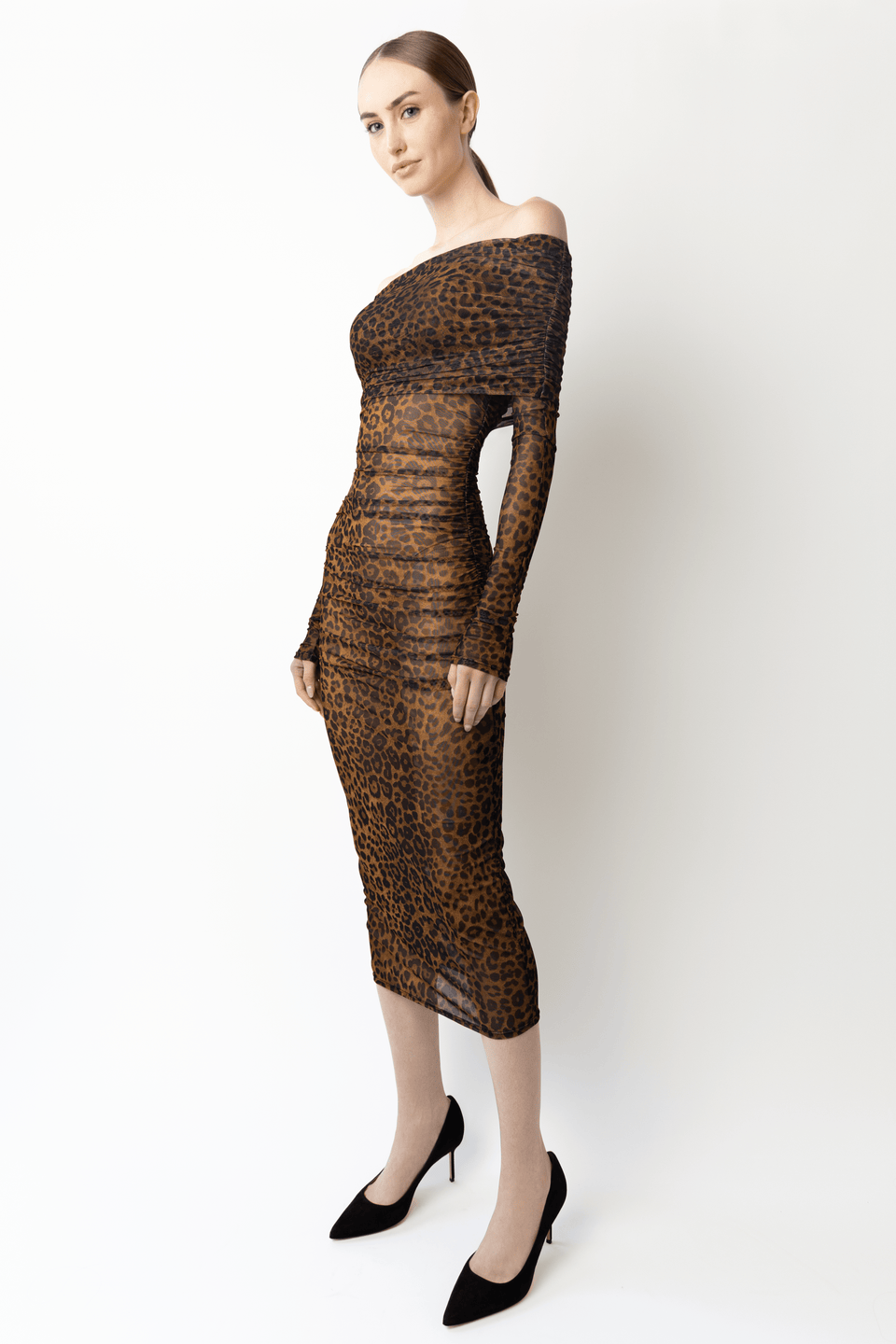Printed Mesh Off Shoulder Midi Dress - LAPOINTE